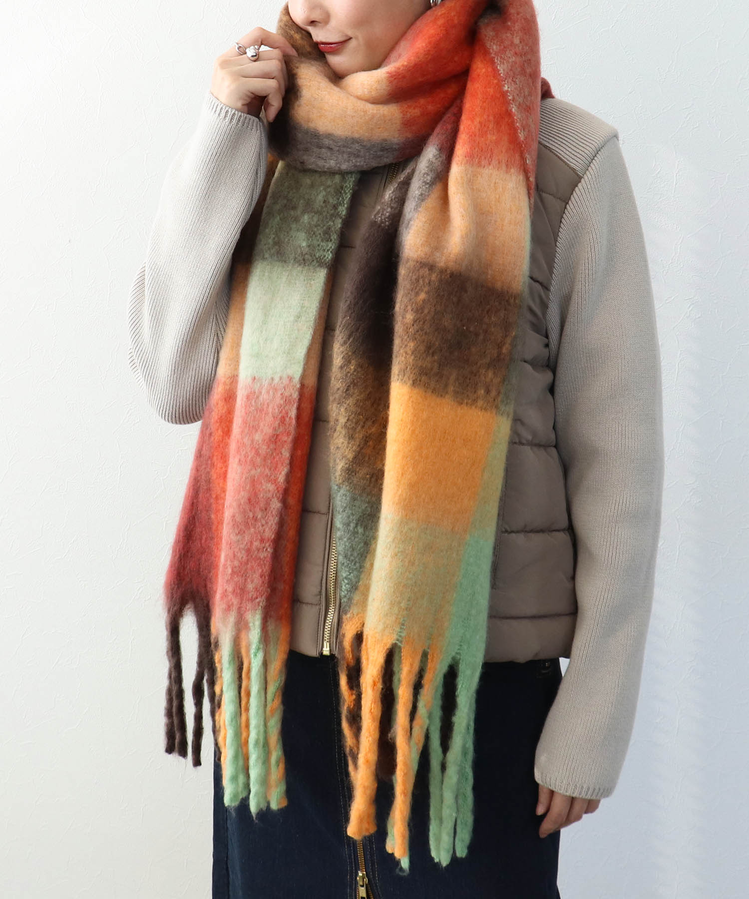 ブロックチェックBIGフリンジマフラー