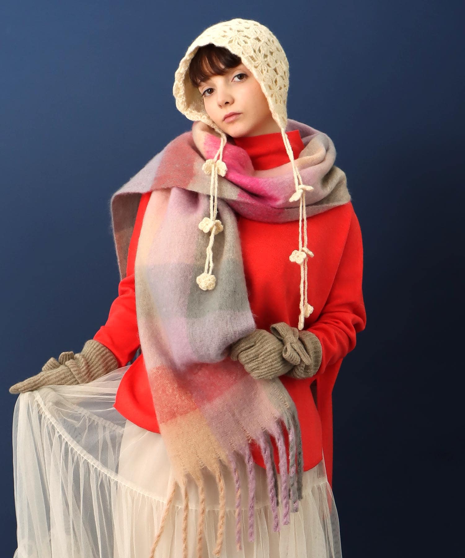 ブロックチェックBIGフリンジマフラー