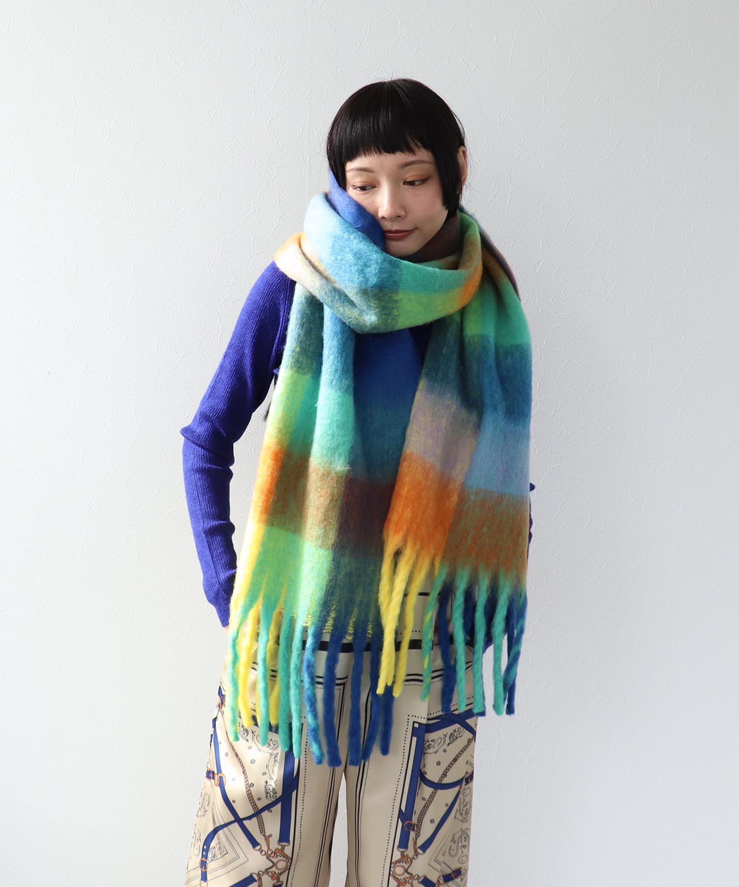 ブロックチェックBIGフリンジマフラー