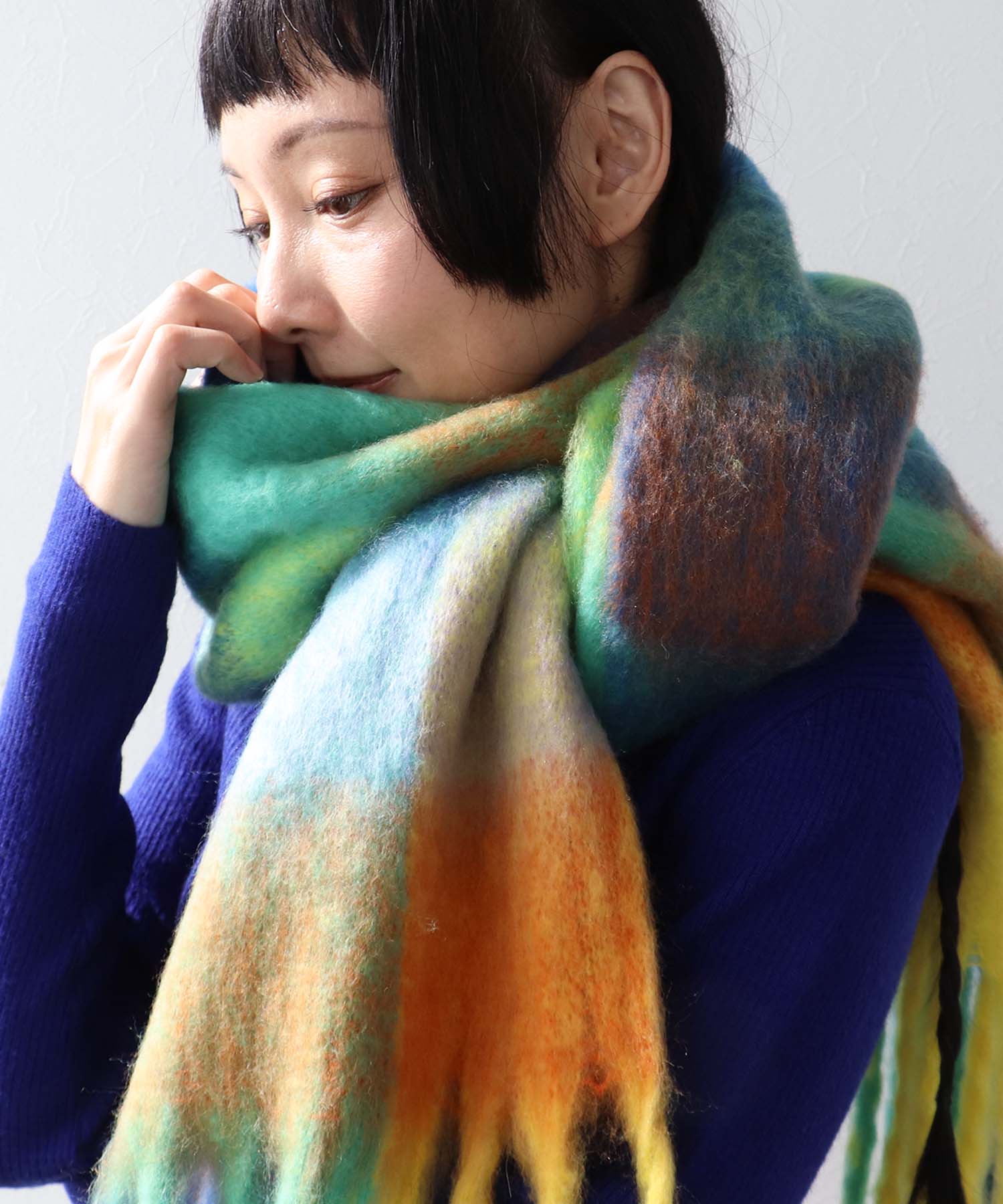 ブロックチェックBIGフリンジマフラー