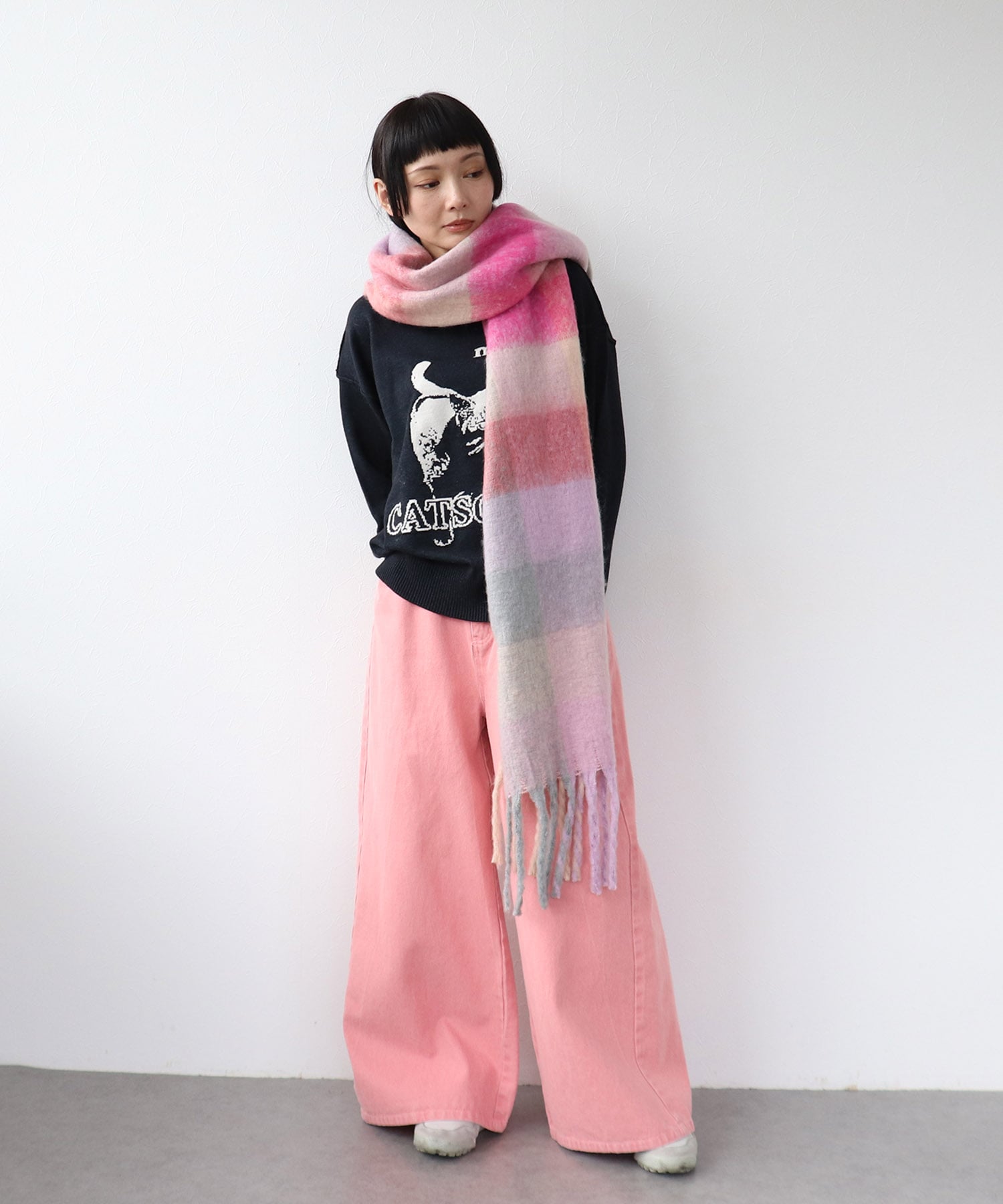 ブロックチェックBIGフリンジマフラー