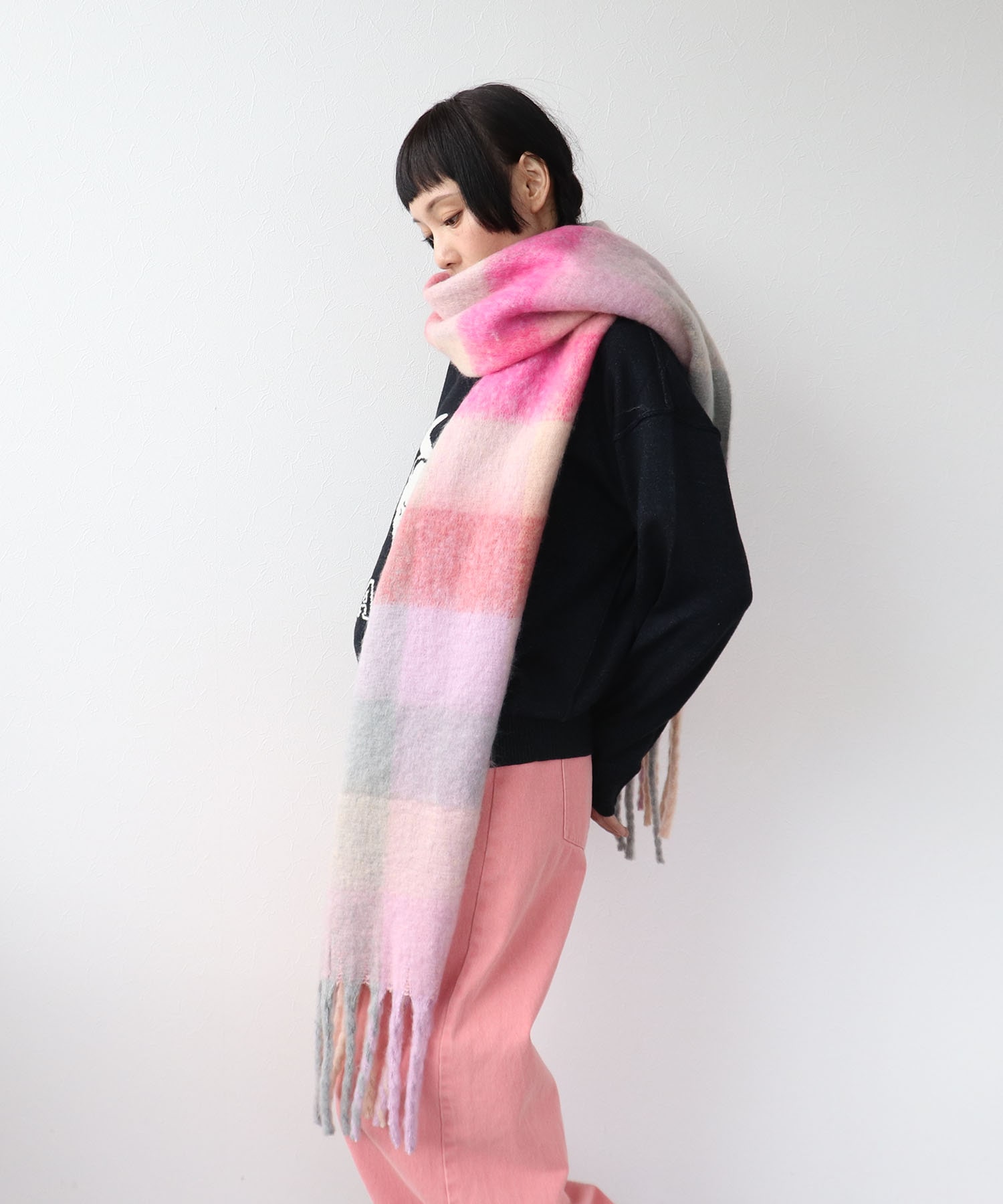 ブロックチェックBIGフリンジマフラー