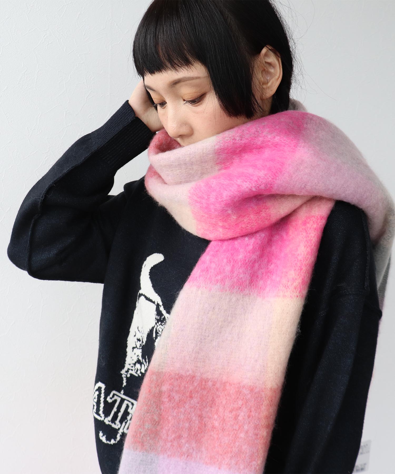 ブロックチェックBIGフリンジマフラー