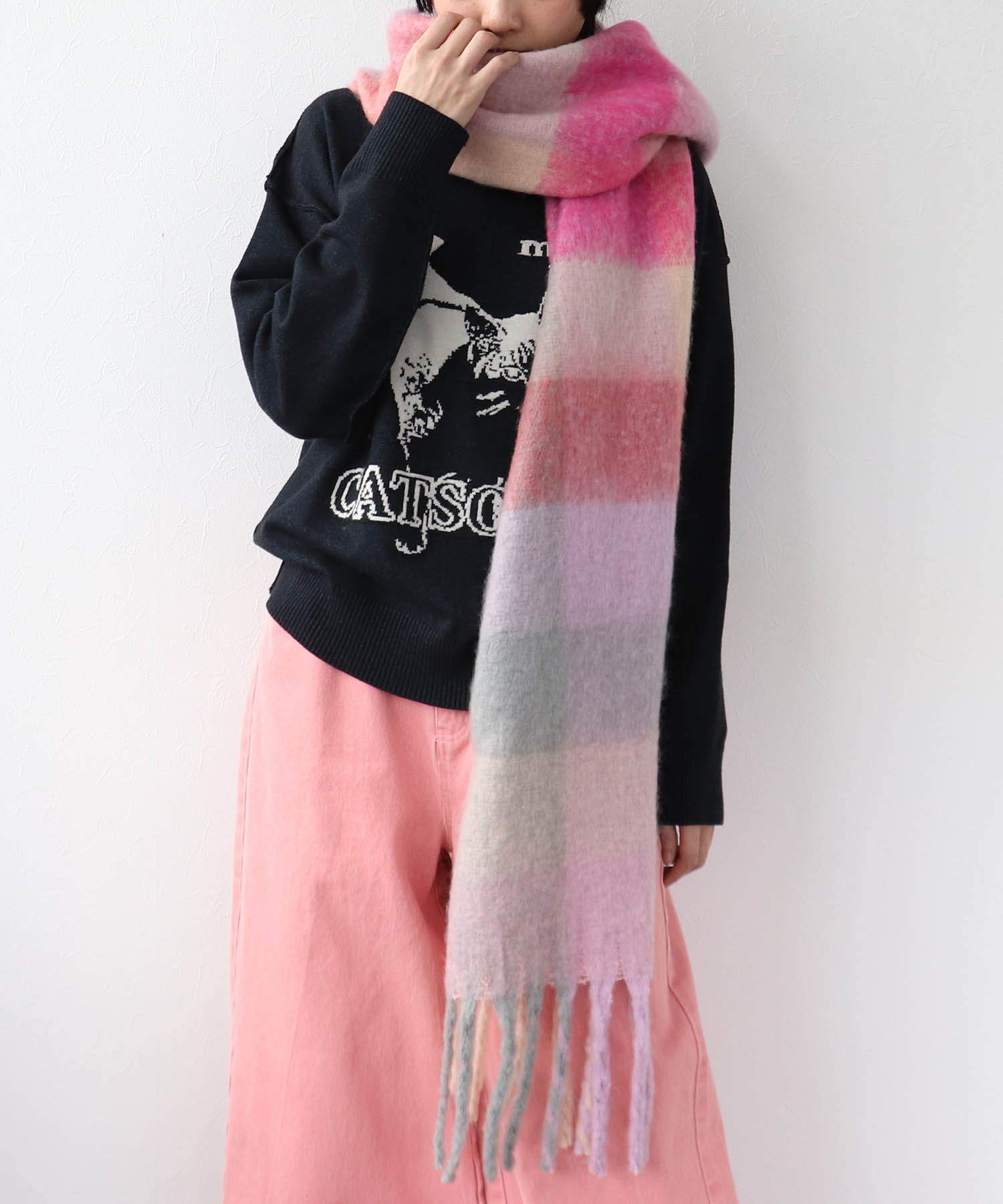 ブロックチェックBIGフリンジマフラー