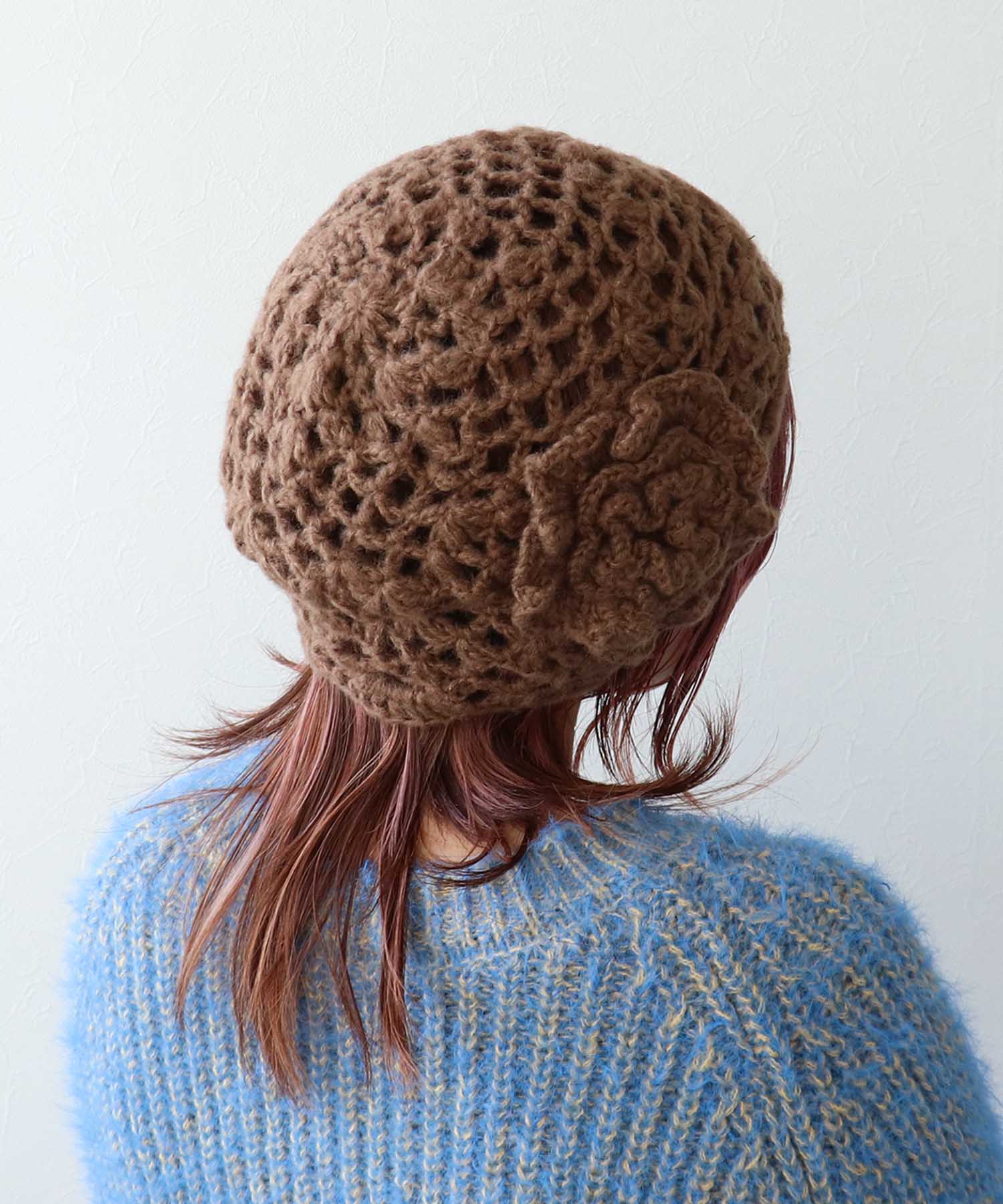 花モチーフ編みキャップ