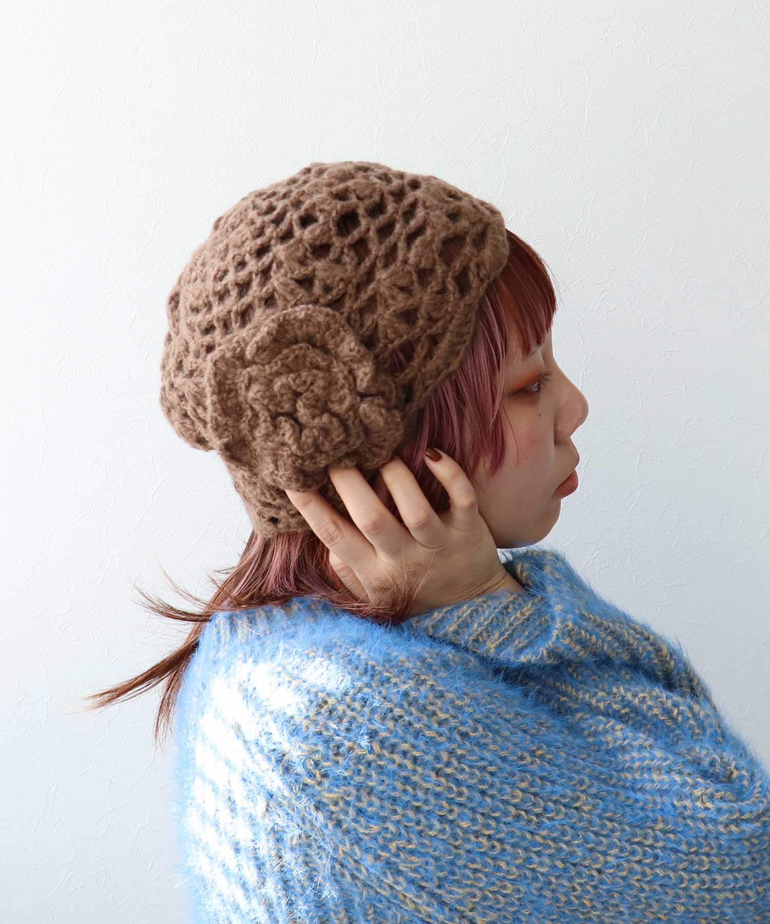 花モチーフ編みキャップ