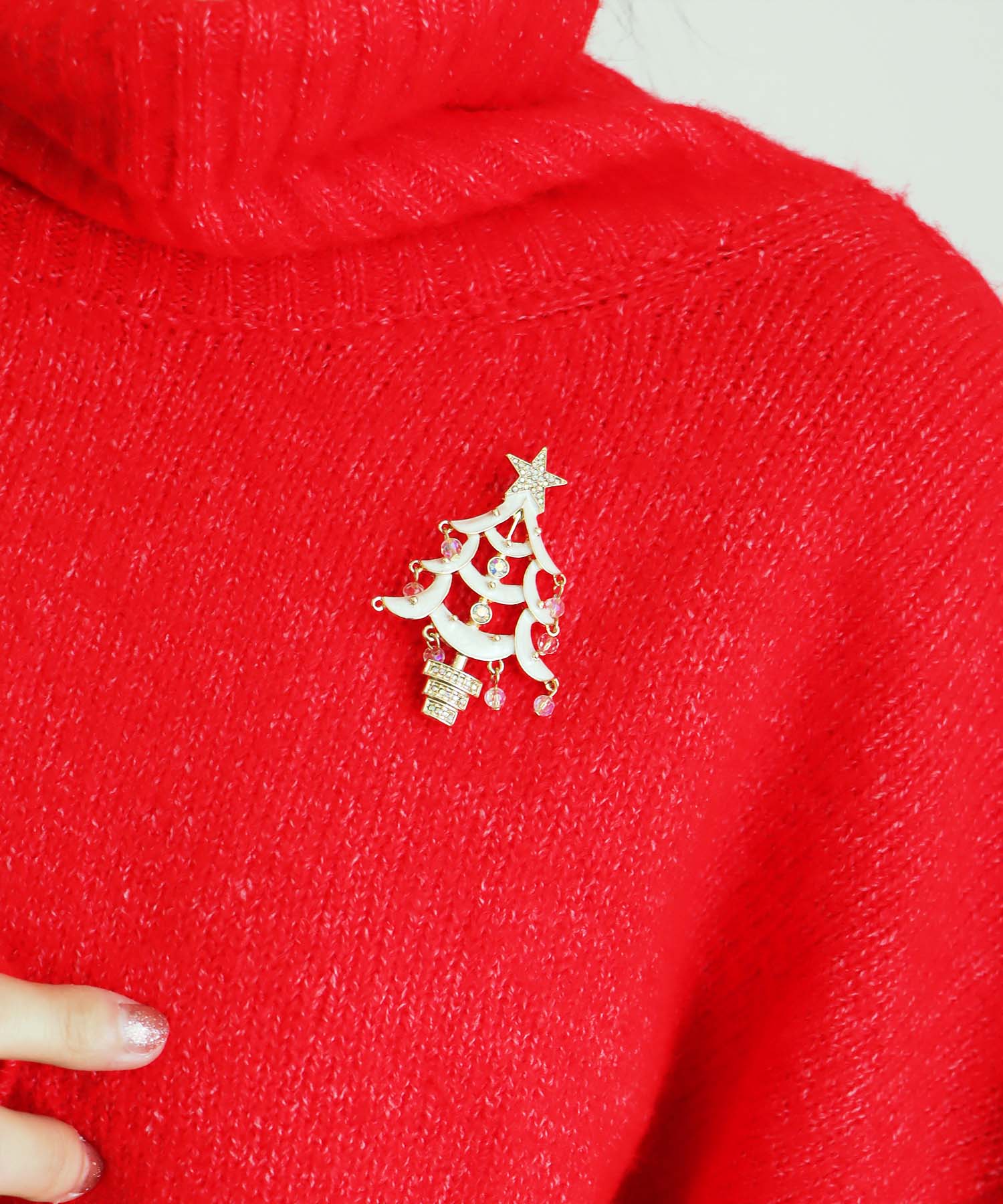 ホワイトクリスマスツリーブローチ