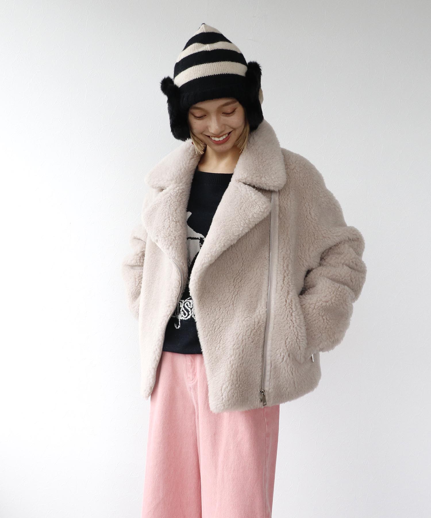 ウール混ファーライダースジャケット