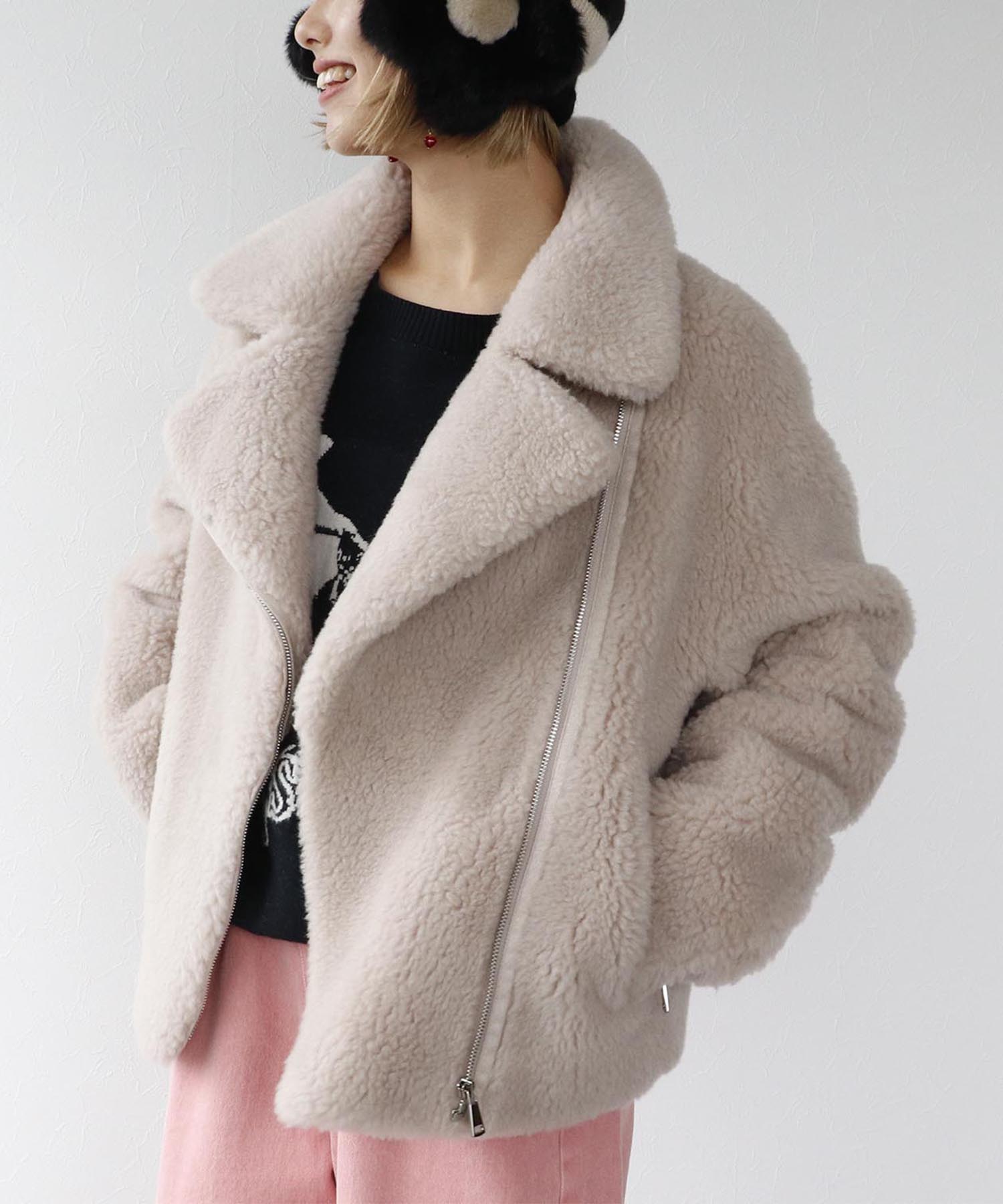 ウール混ファーライダースジャケット