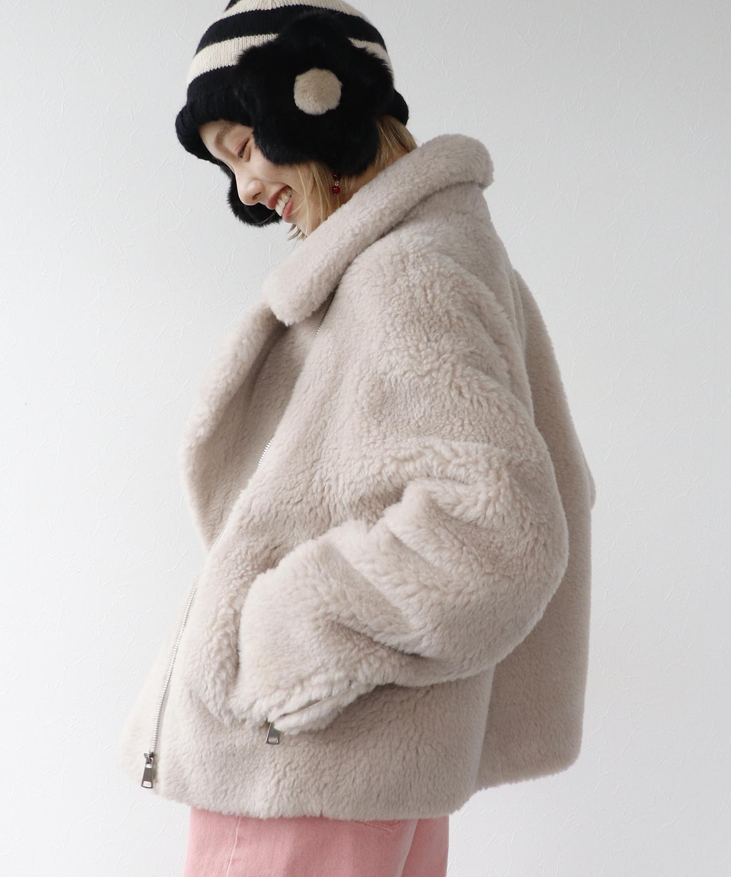 ウール混ファーライダースジャケット