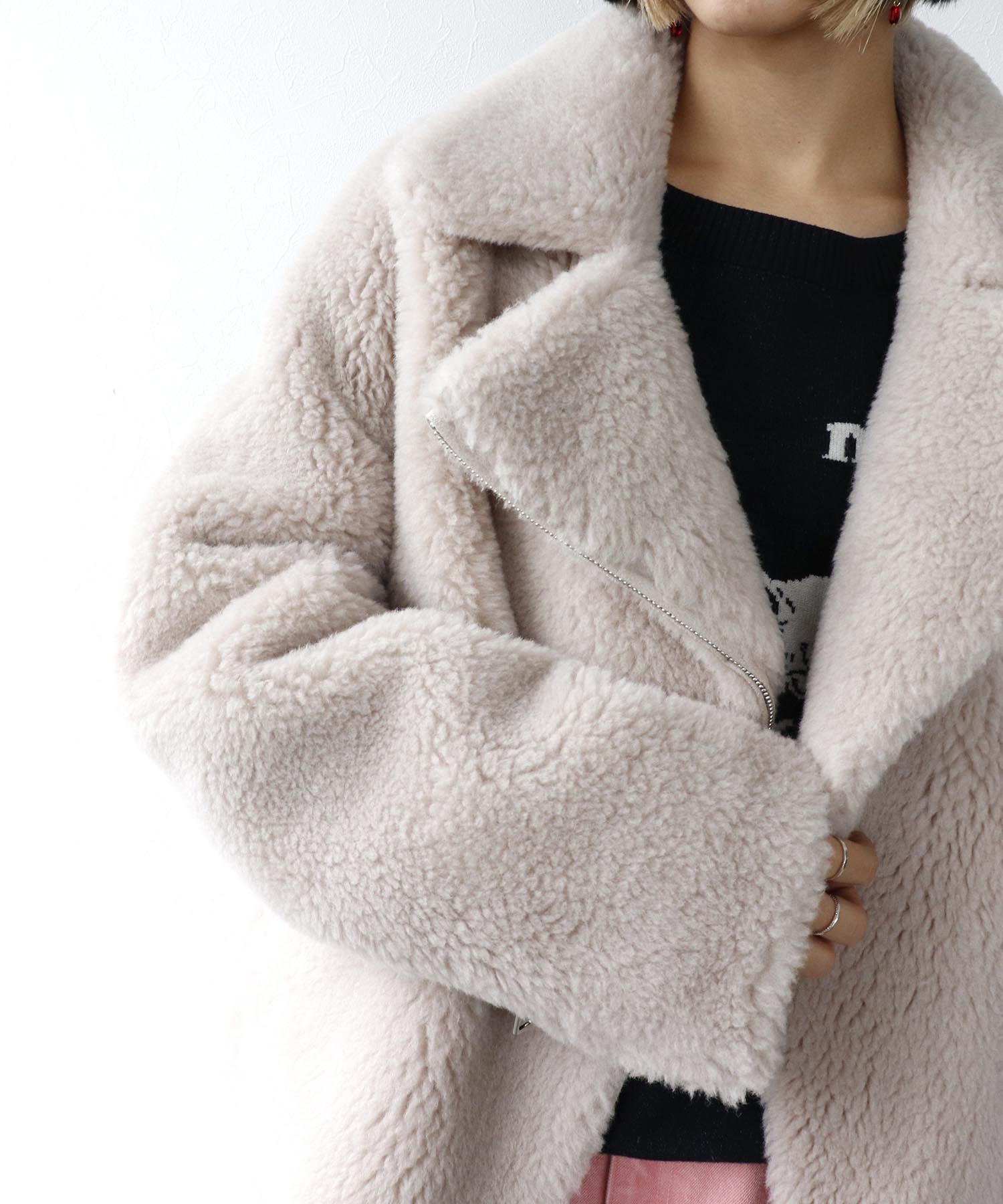 ウール混ファーライダースジャケット