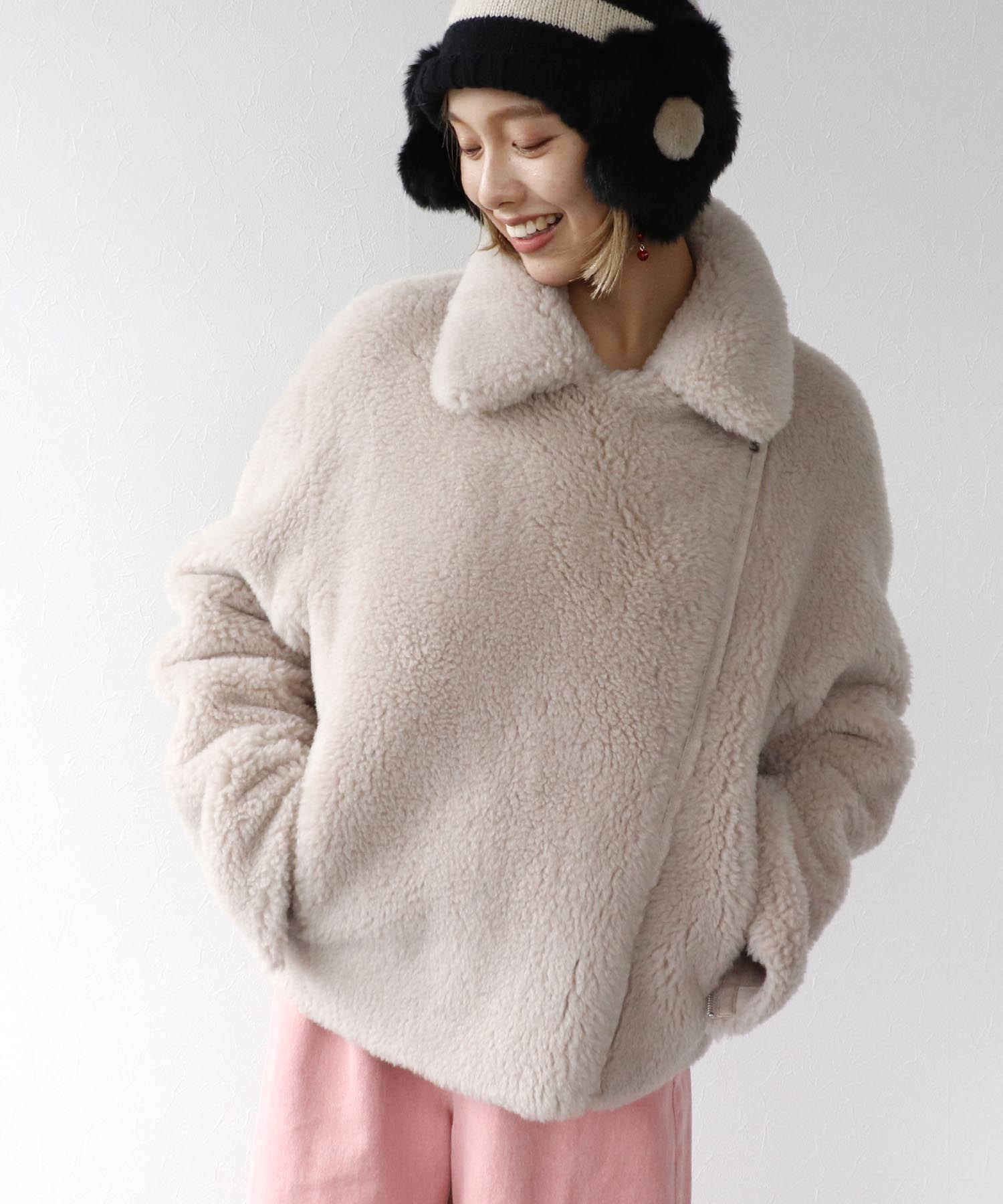 ウール混ファーライダースジャケット