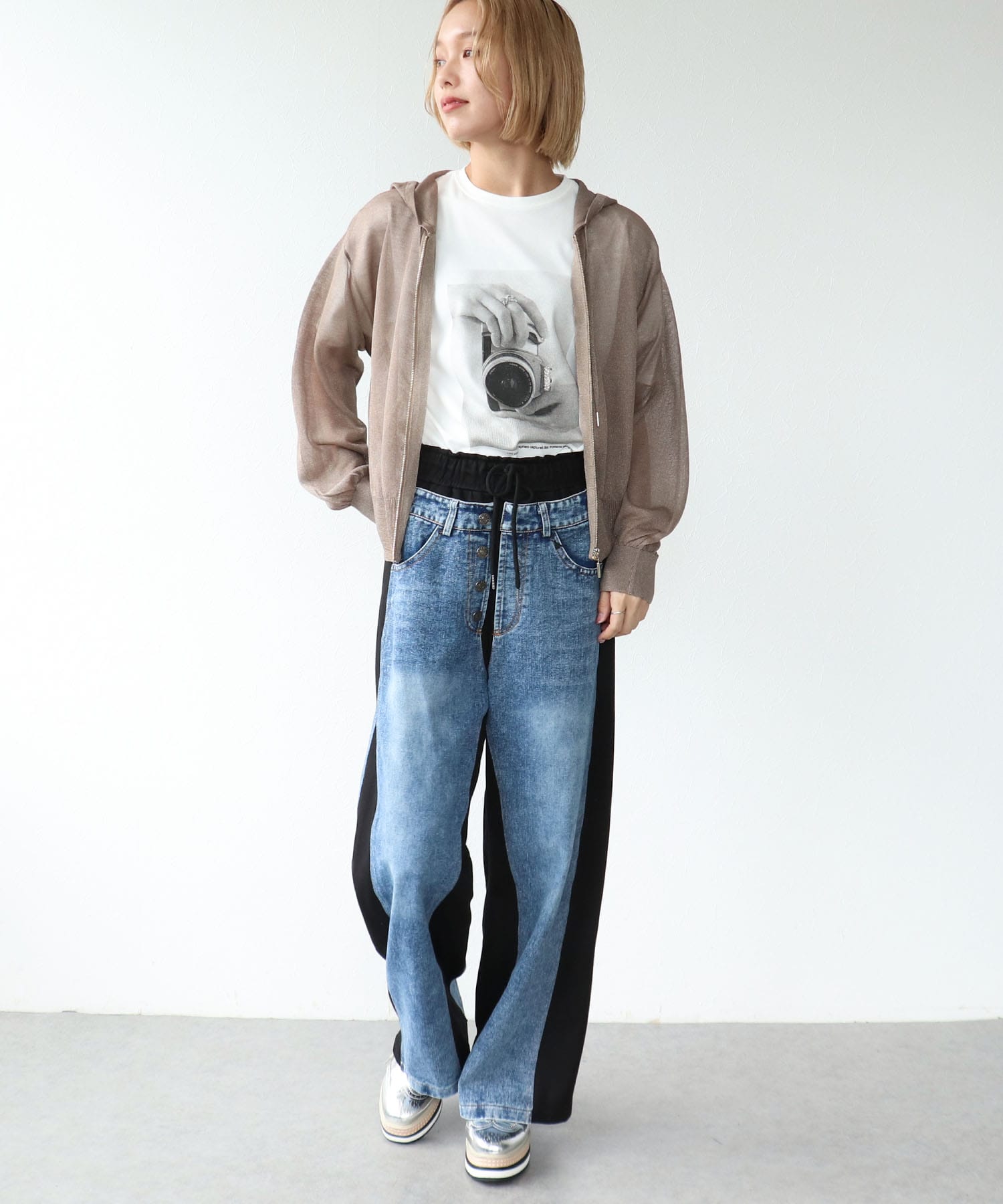 シアーラメフードジッパーニット