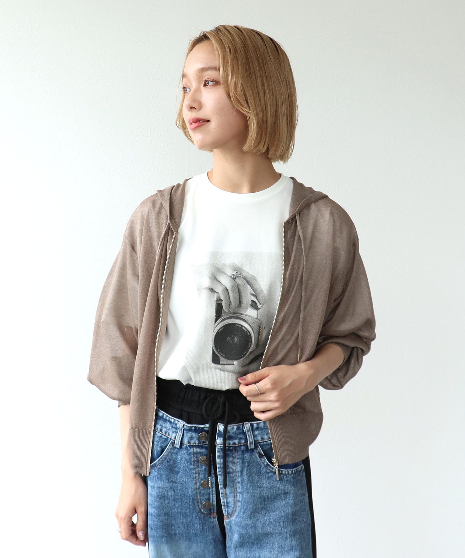 シアーラメフードジッパーニット