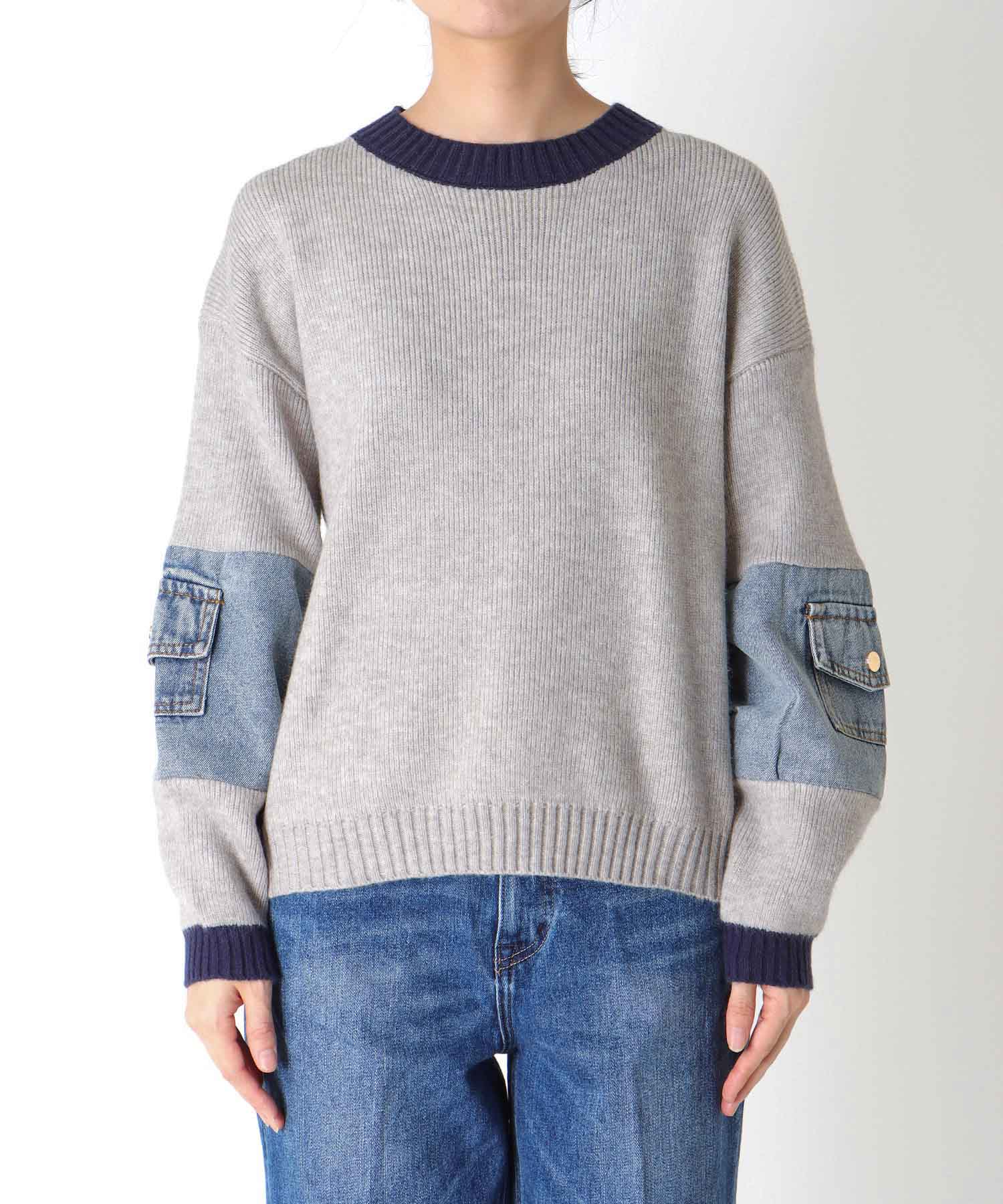 配色デニムニットプルオーバー