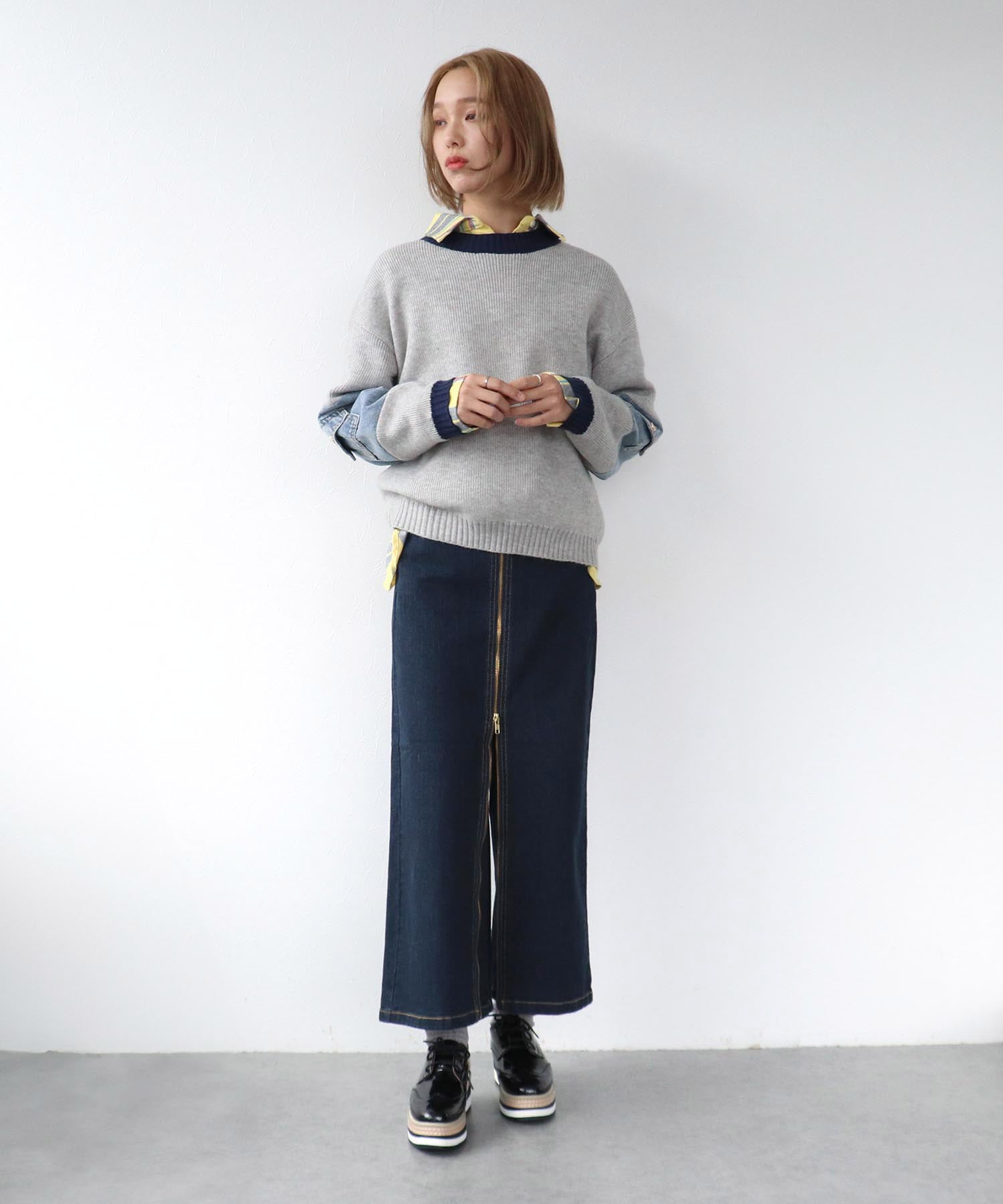 配色デニムニットプルオーバー