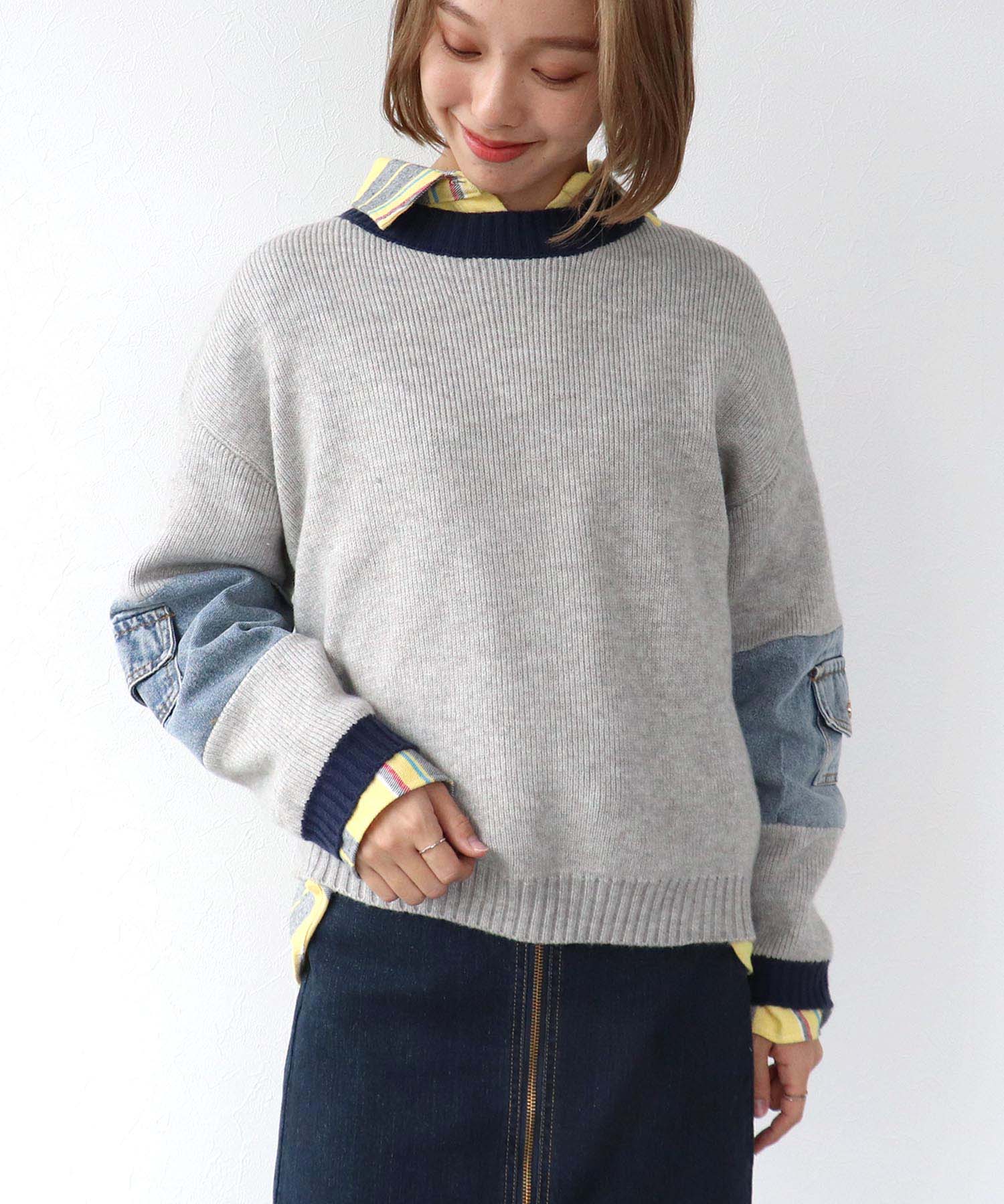 配色デニムニットプルオーバー