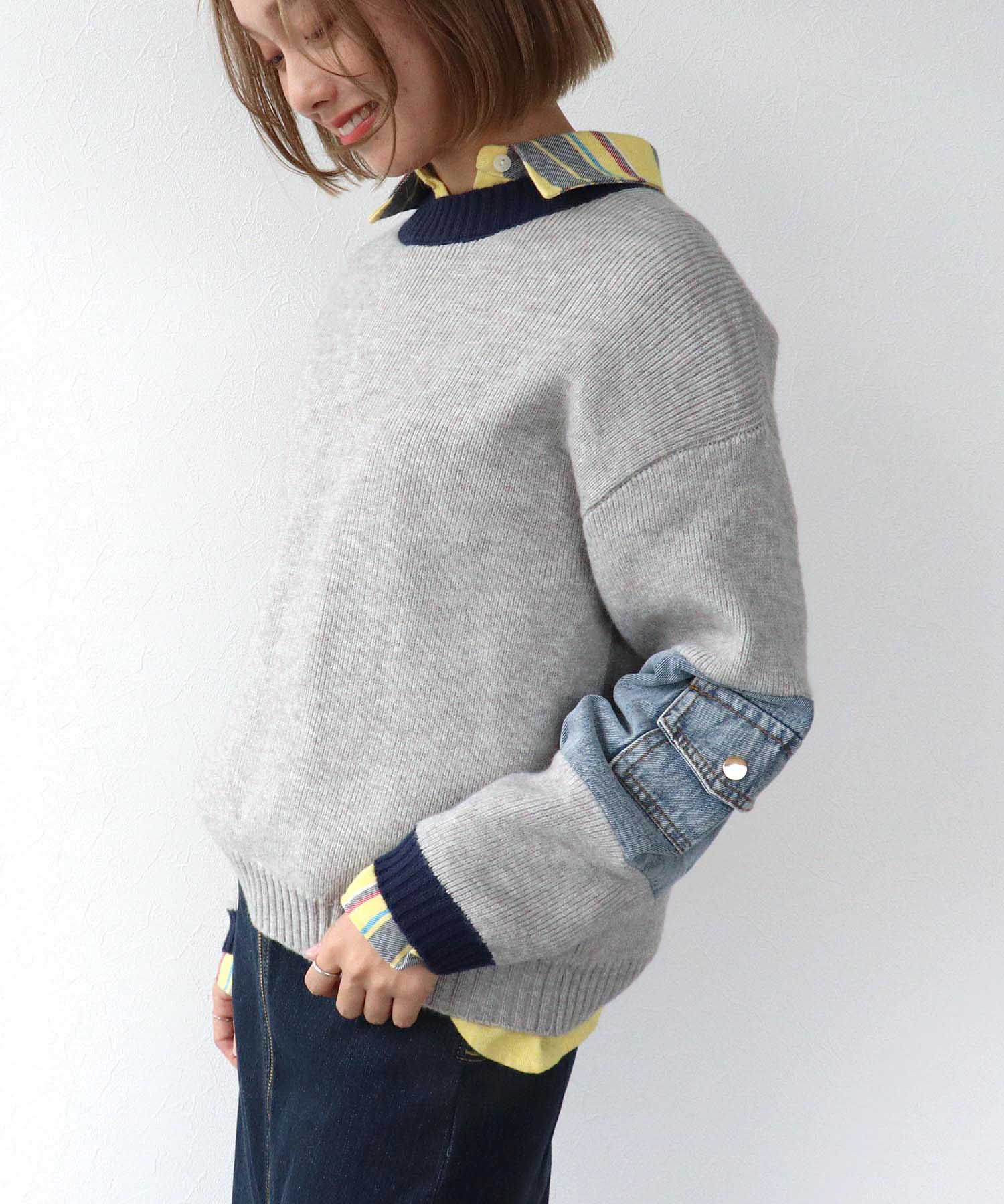 配色デニムニットプルオーバー
