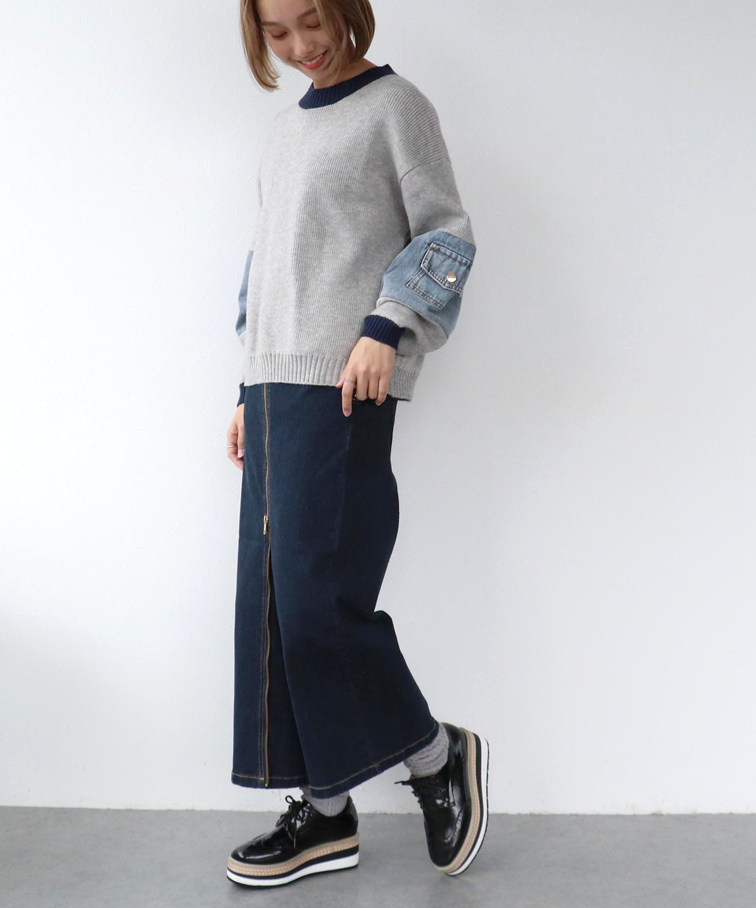 配色デニムニットプルオーバー