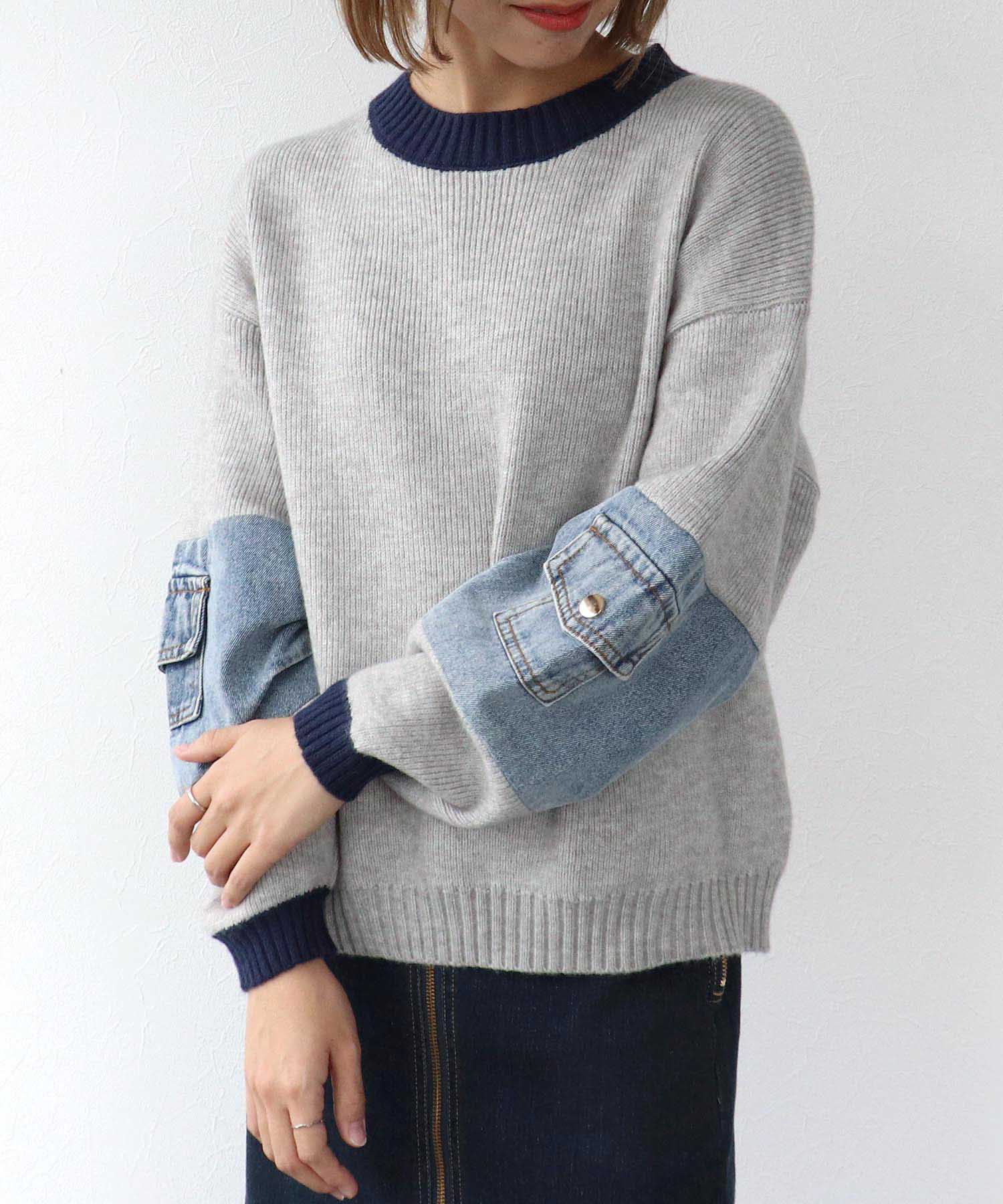 配色デニムニットプルオーバー