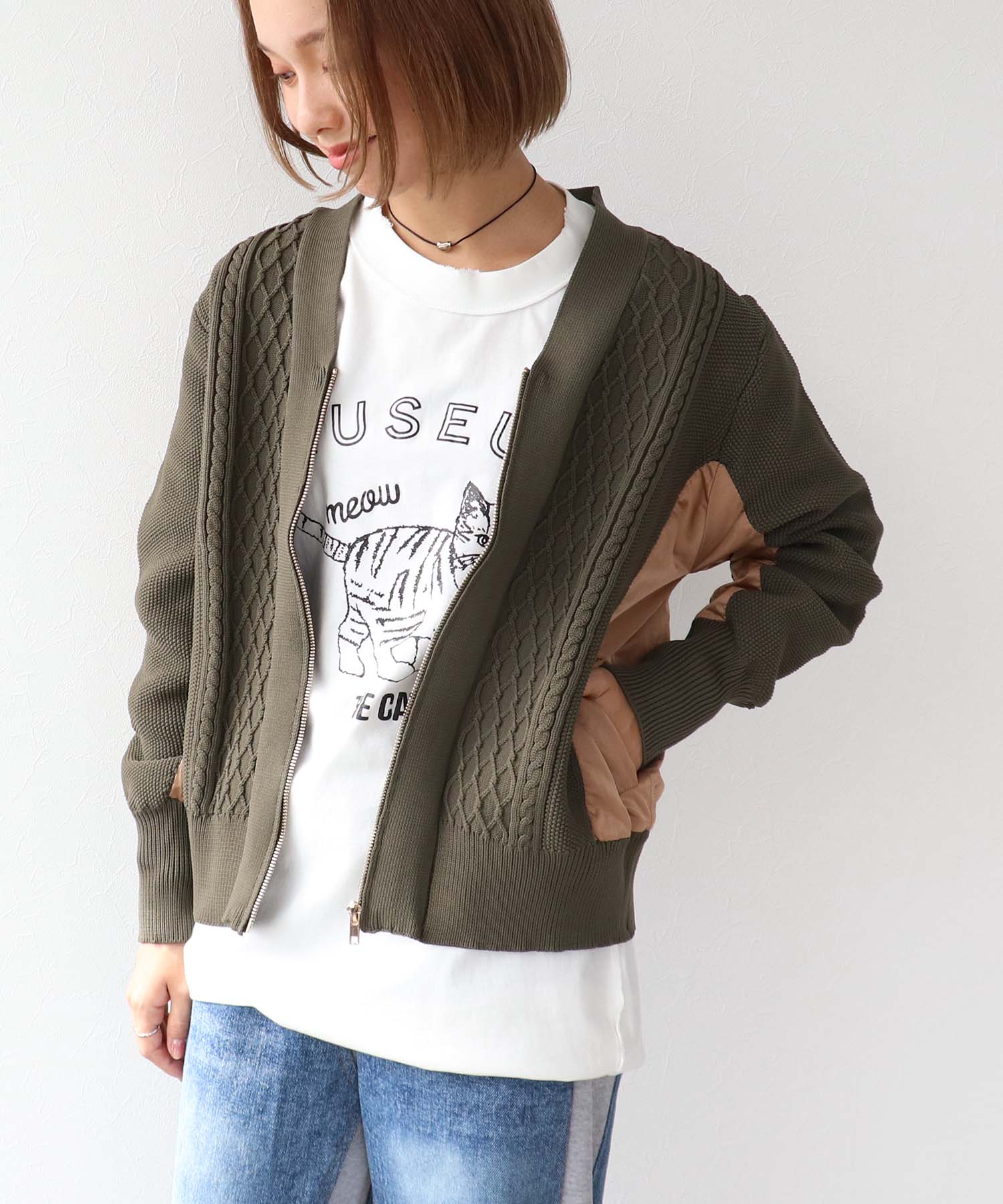 ケーブル布帛ドッキングZIPブルゾン