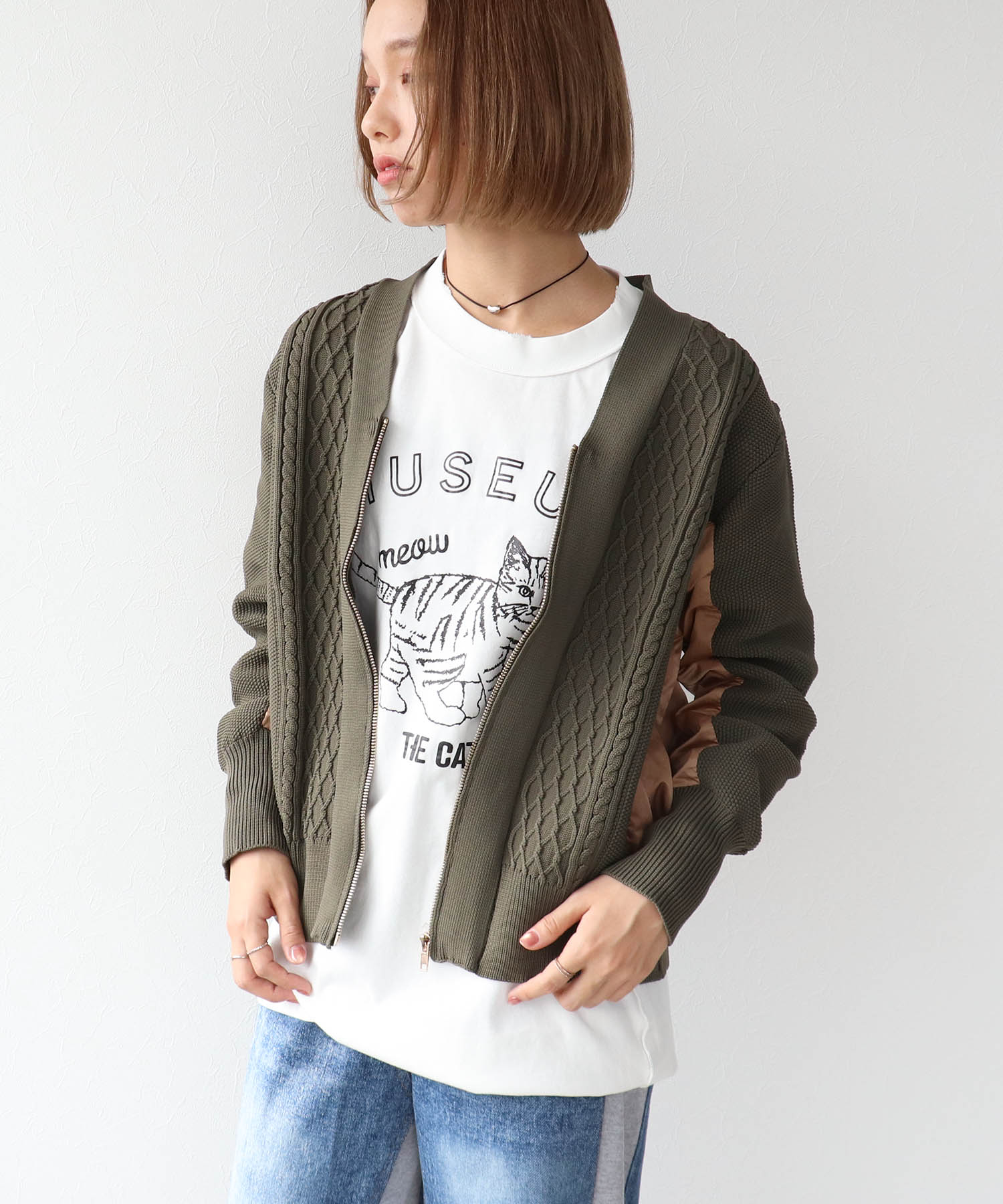 ケーブル布帛ドッキングZIPブルゾン