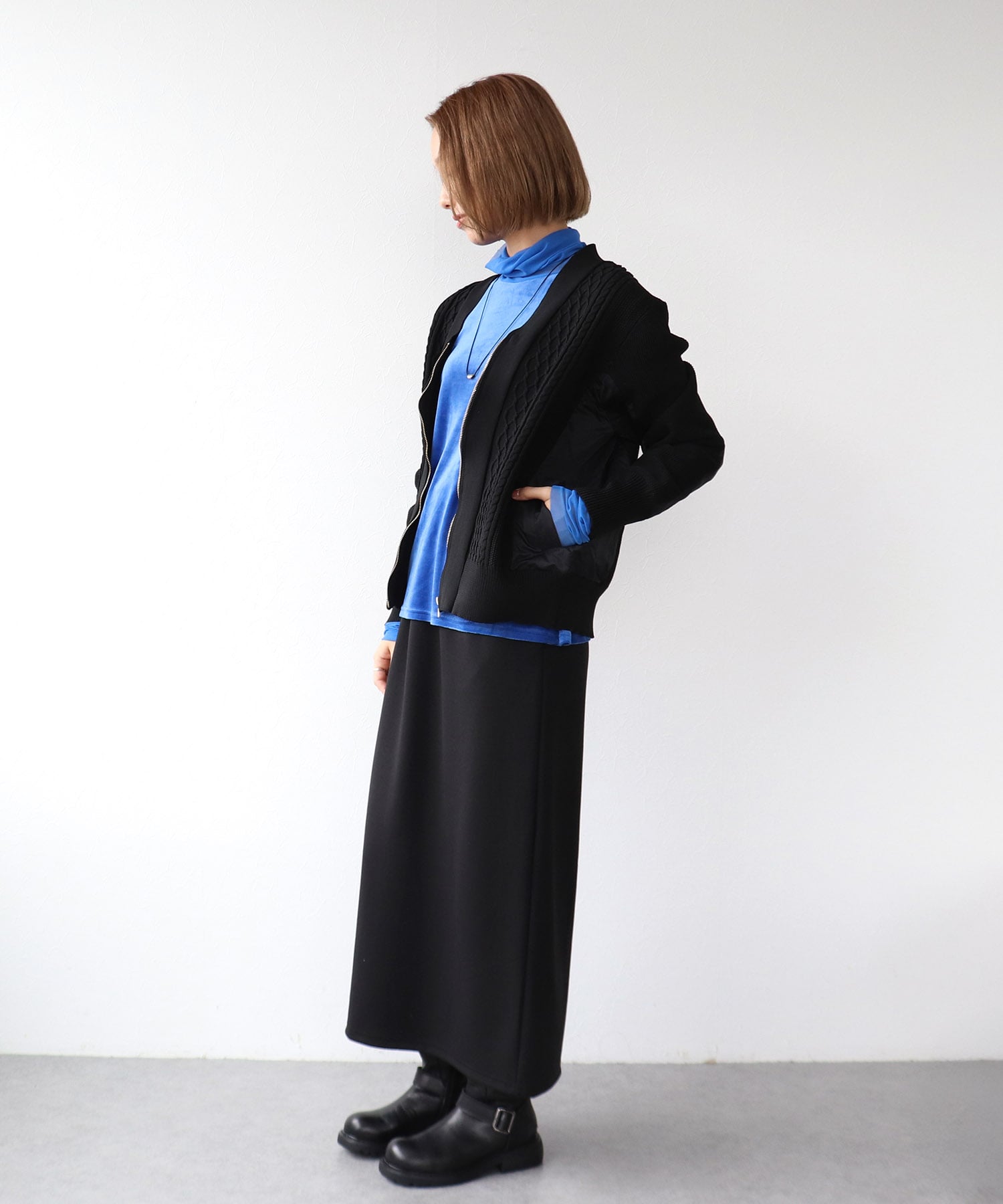 ケーブル布帛ドッキングZIPブルゾン