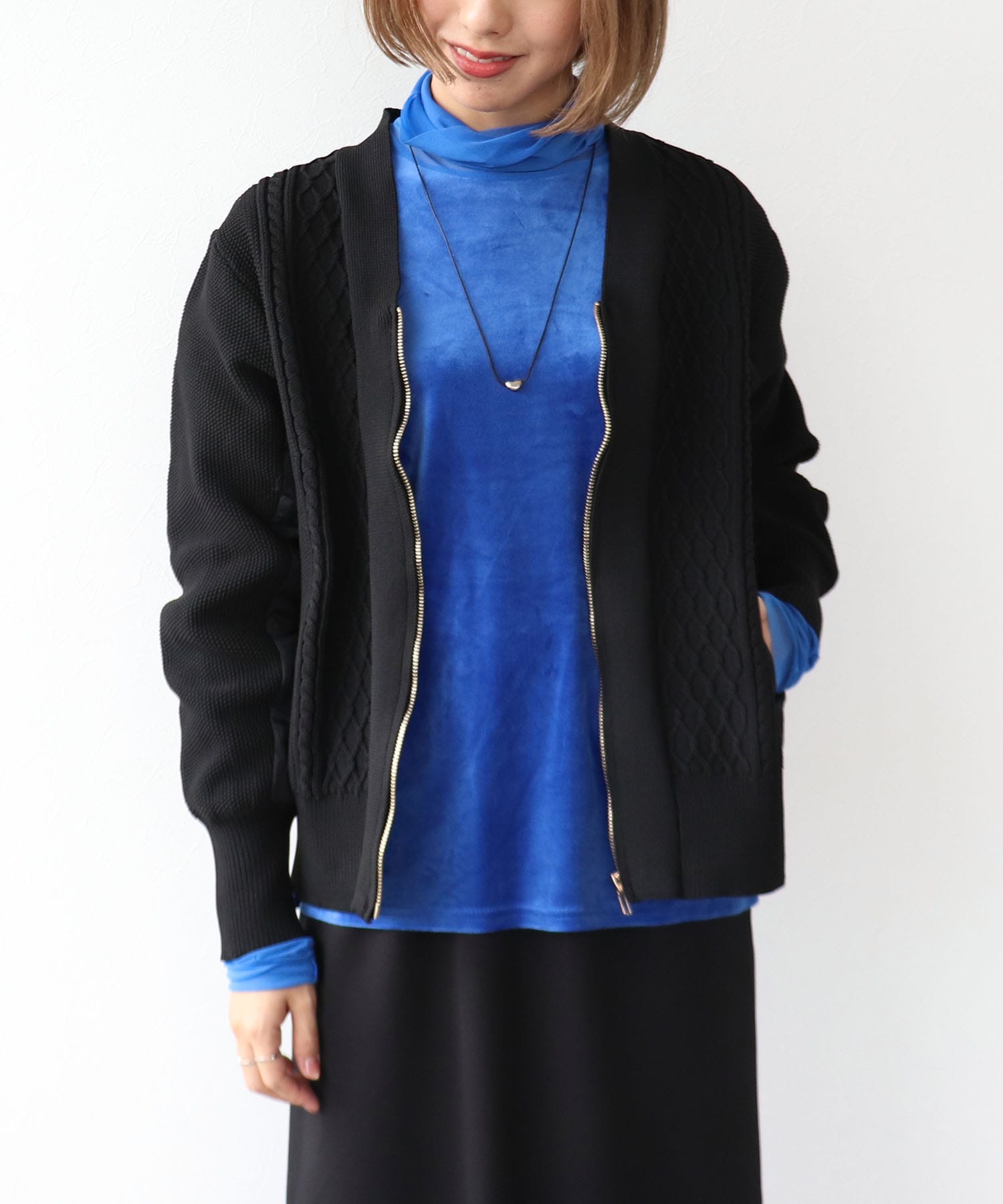 ケーブル布帛ドッキングZIPブルゾン