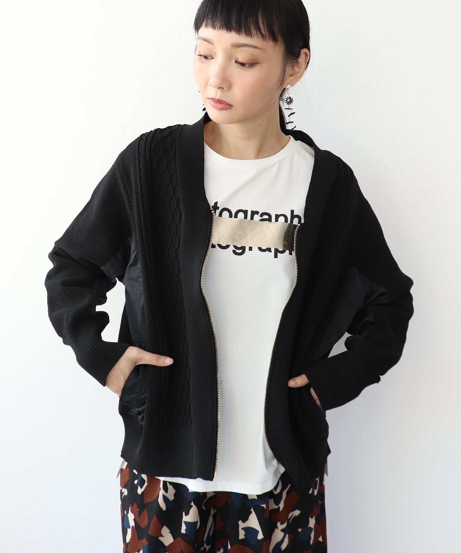 ケーブル布帛ドッキングZIPブルゾン