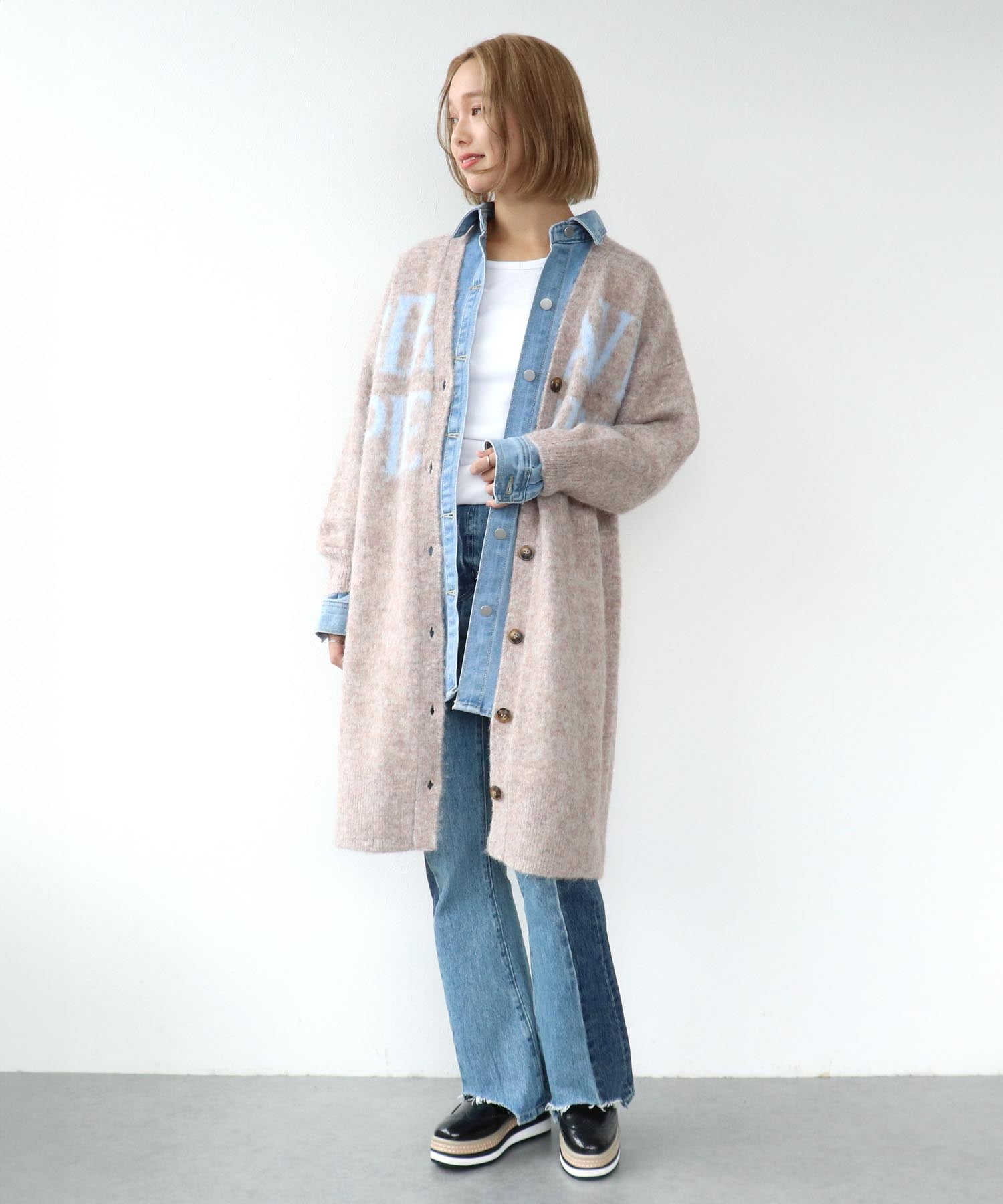 ロゴプリントシャギーロングカーディガン 別注