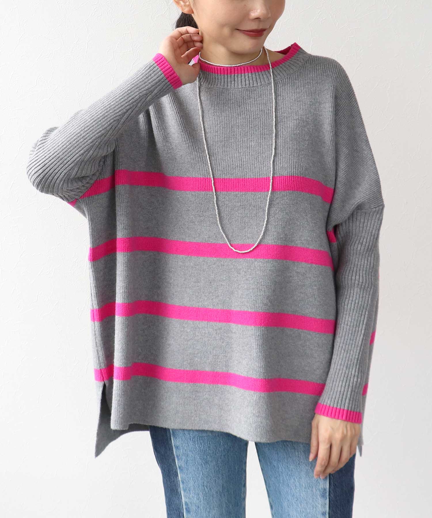 ドルマンスリーブ配色ボーダーニット