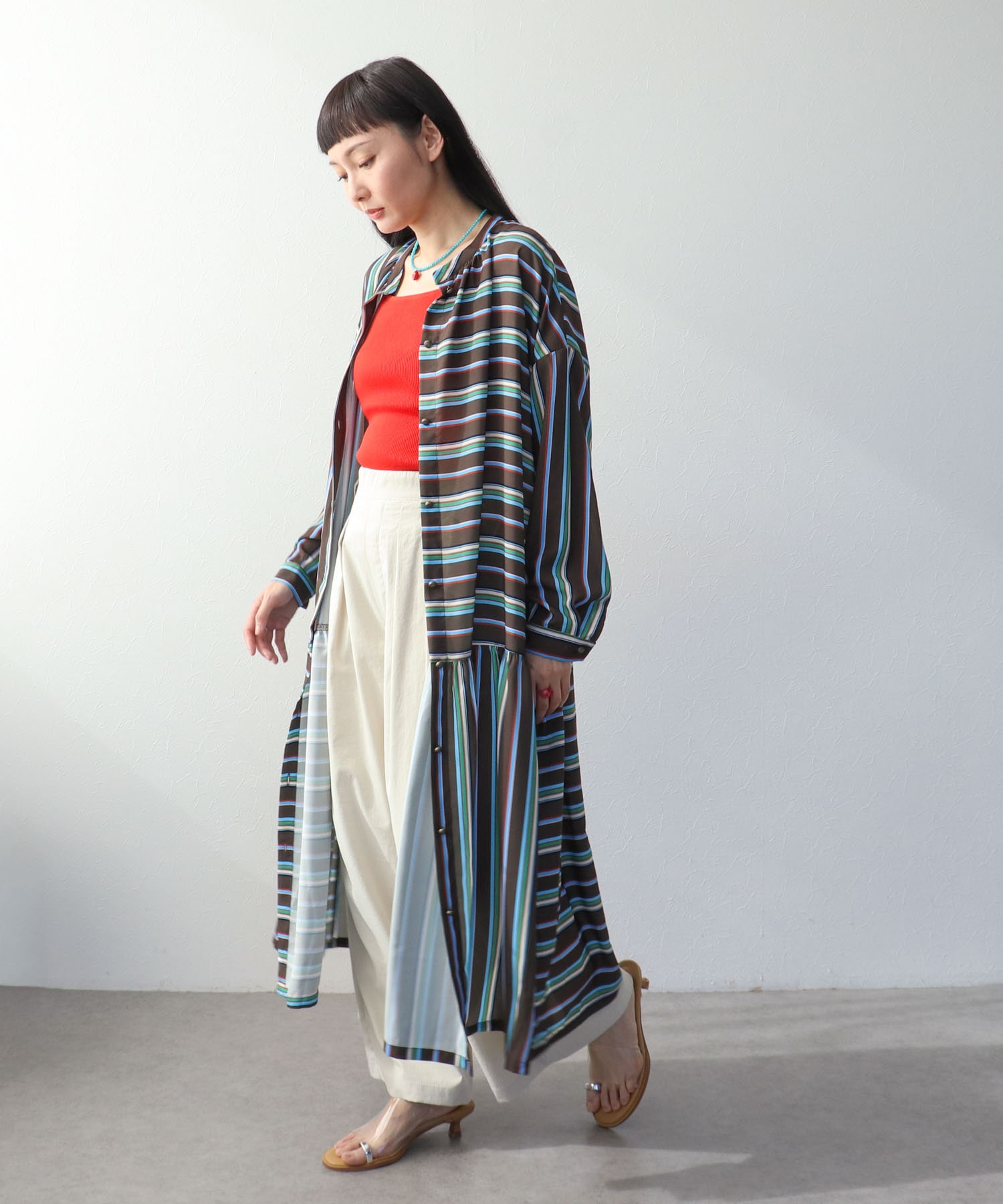 ランダムストライプ柄切替ワンピース