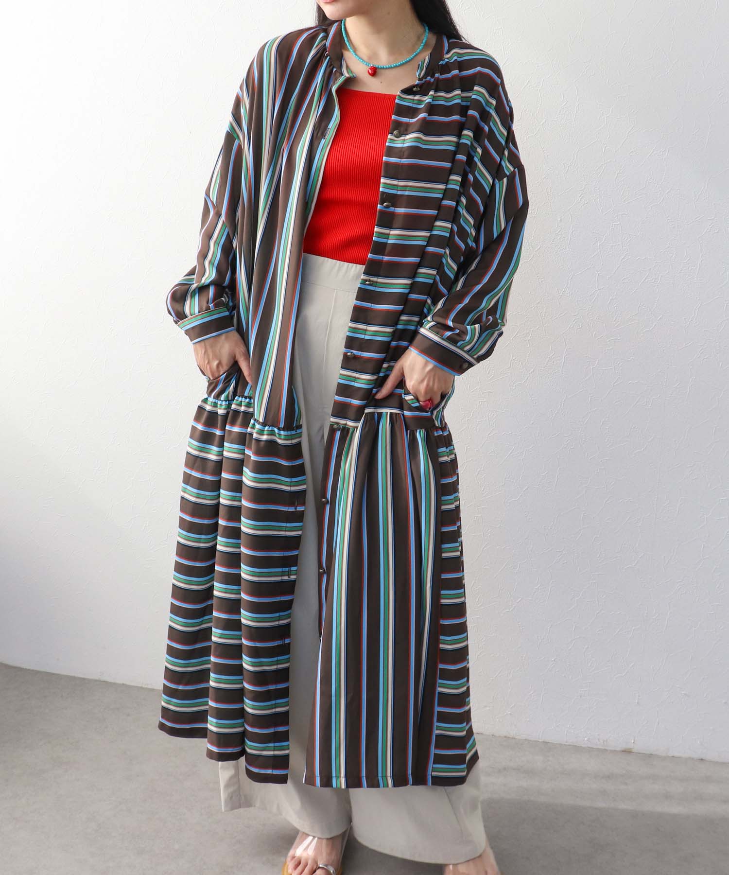 ランダムストライプ柄切替ワンピース