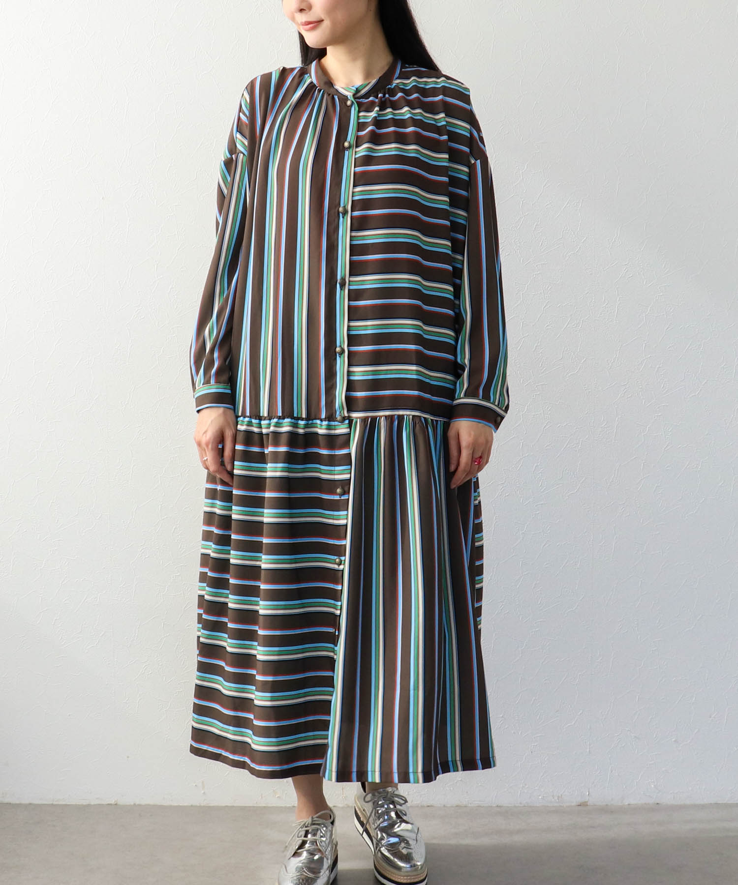 ランダムストライプ柄切替ワンピース