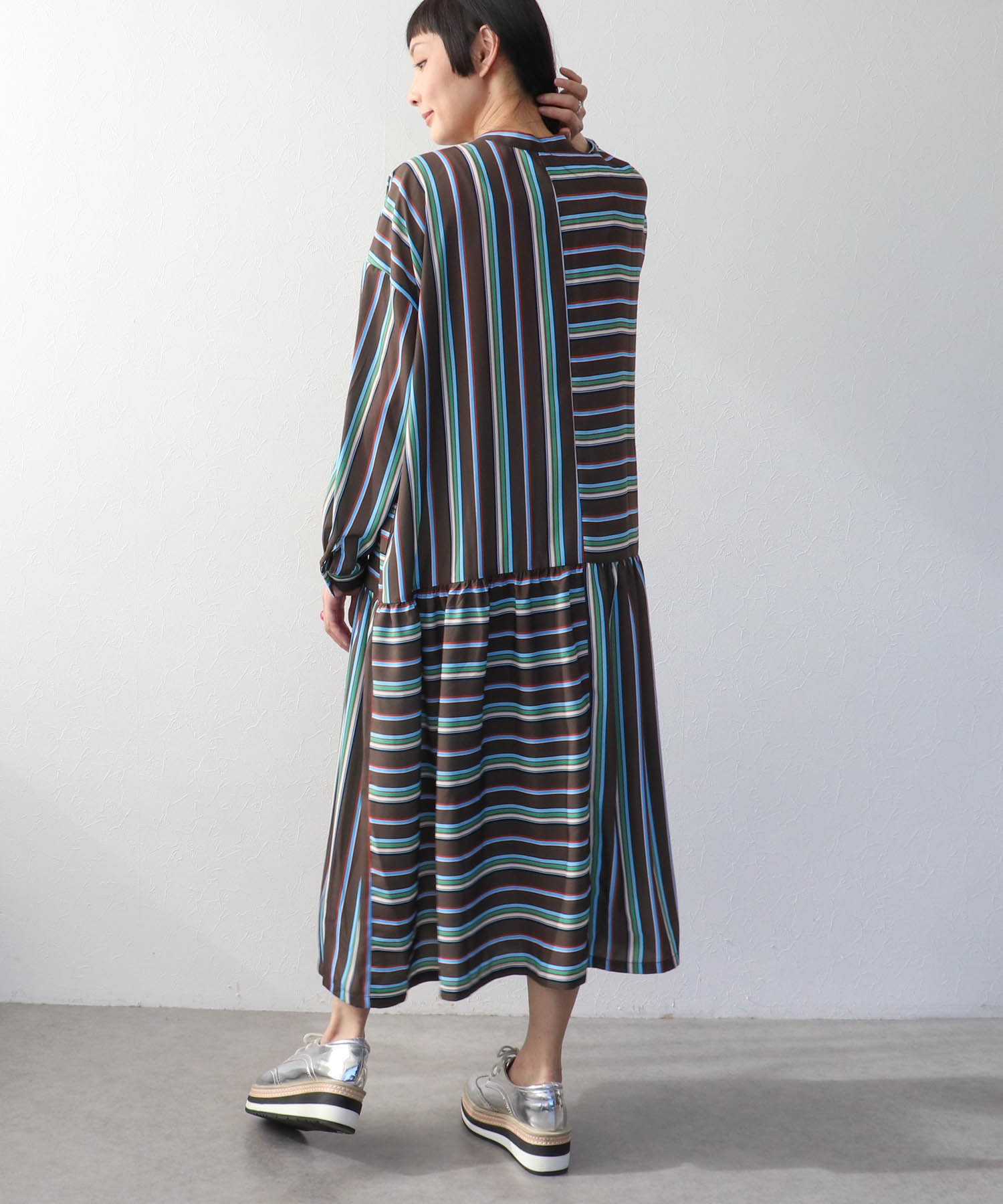 ランダムストライプ柄切替ワンピース
