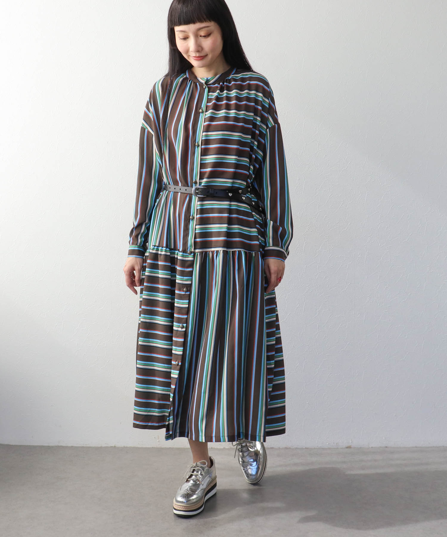 ランダムストライプ柄切替ワンピース