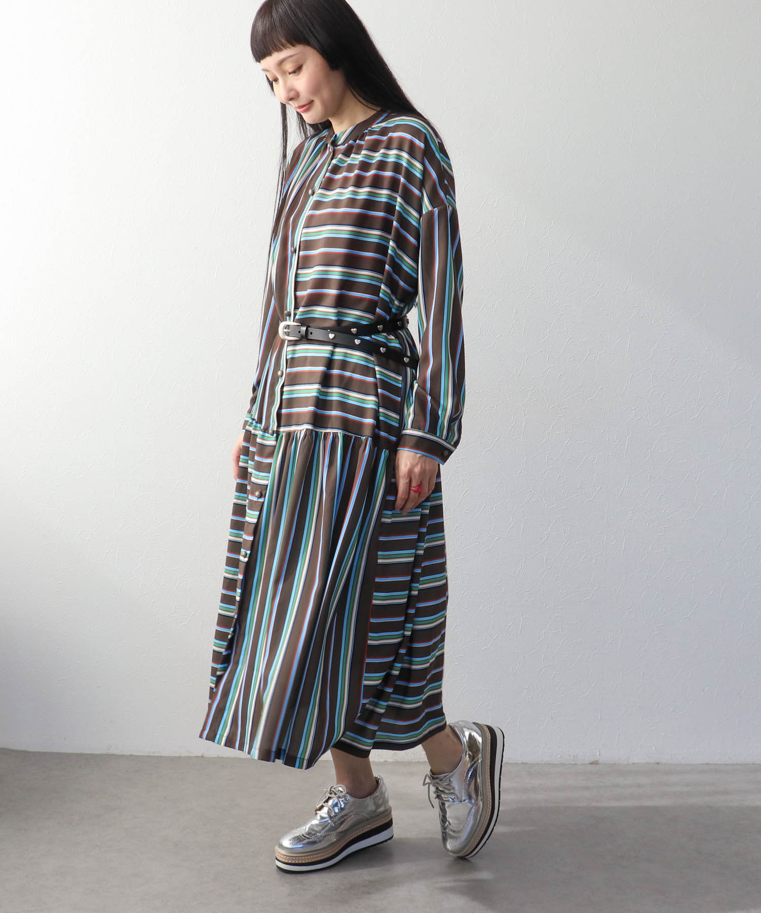 ランダムストライプ柄切替ワンピース
