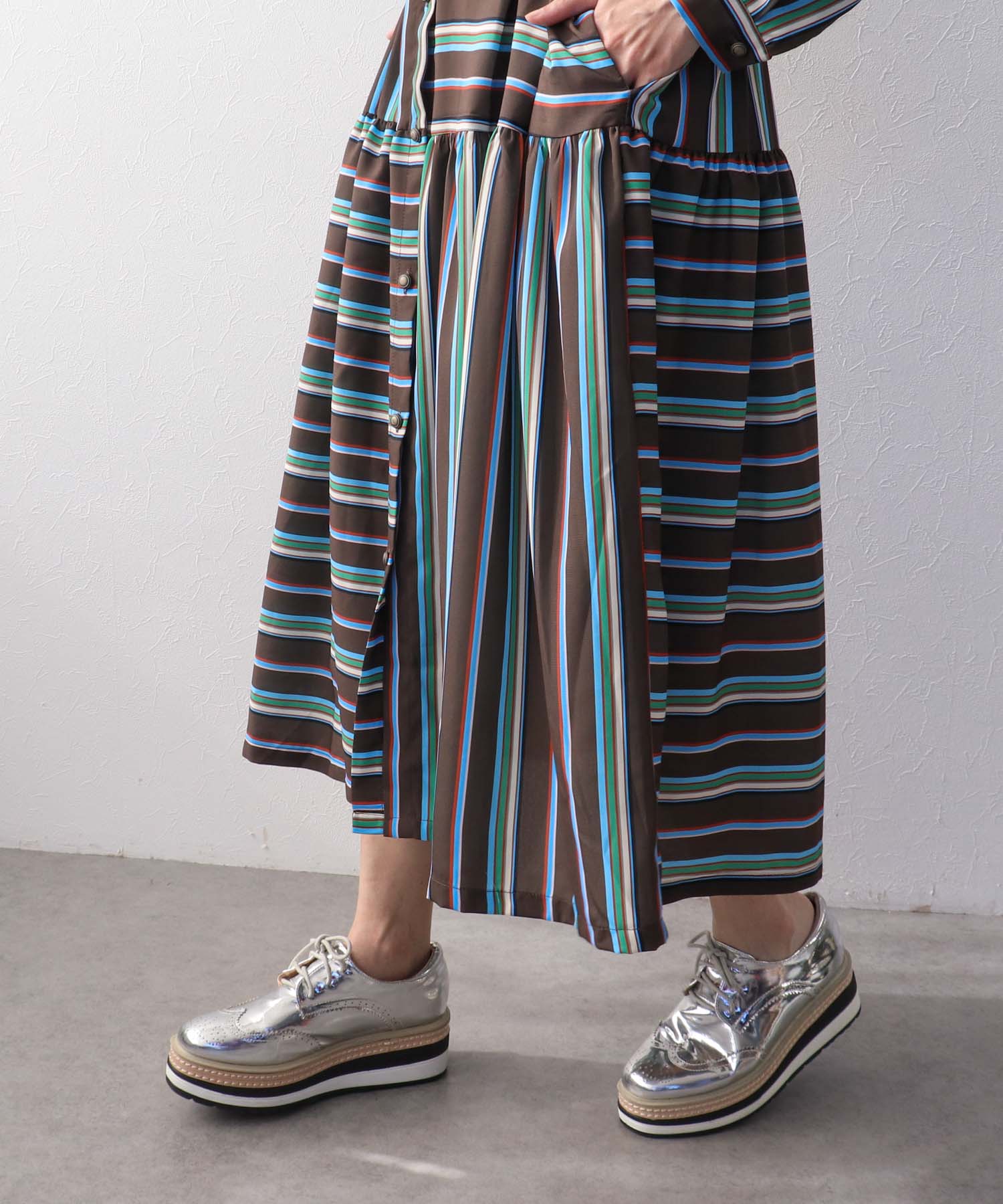 ランダムストライプ柄切替ワンピース