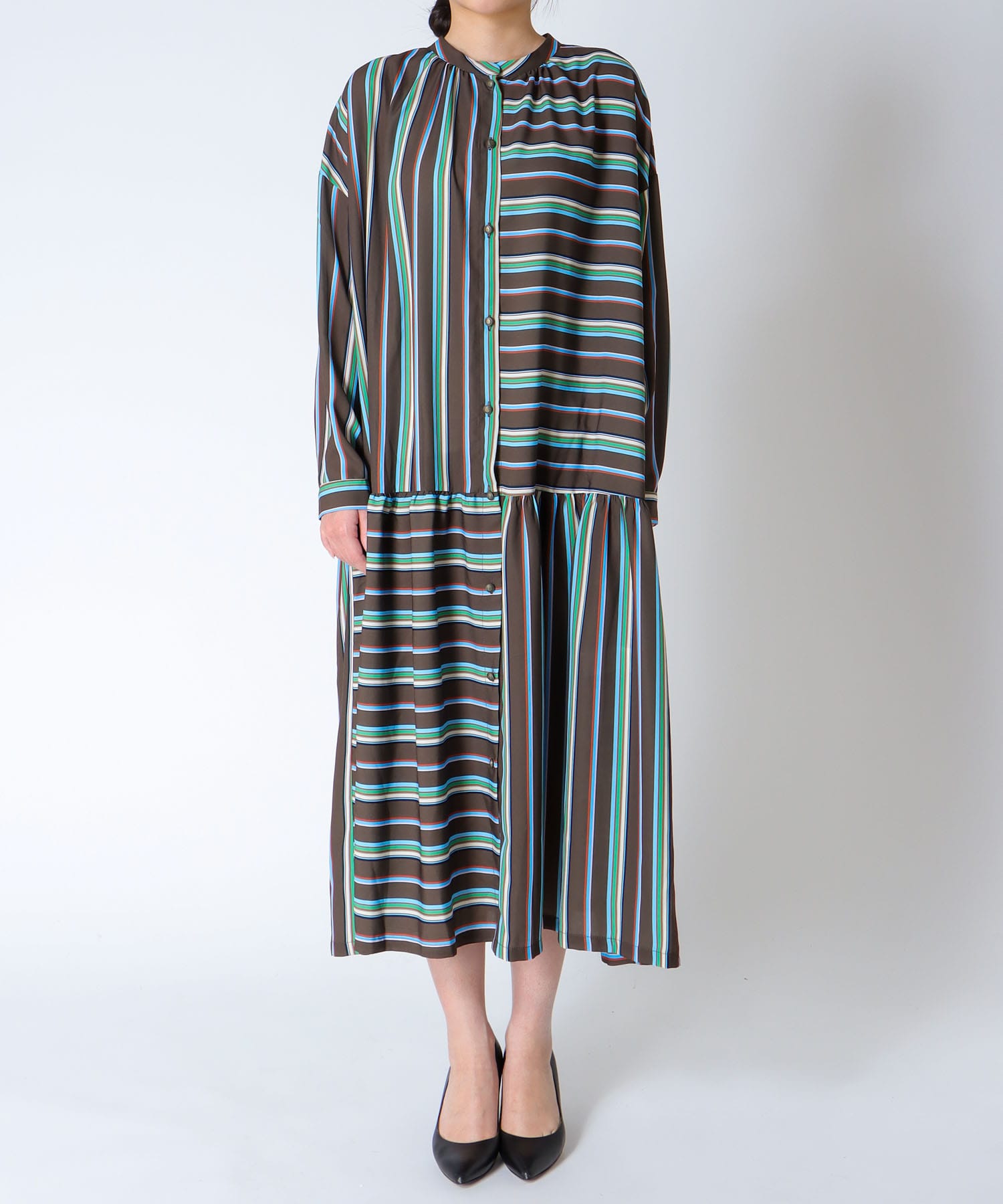 ランダムストライプ柄切替ワンピース