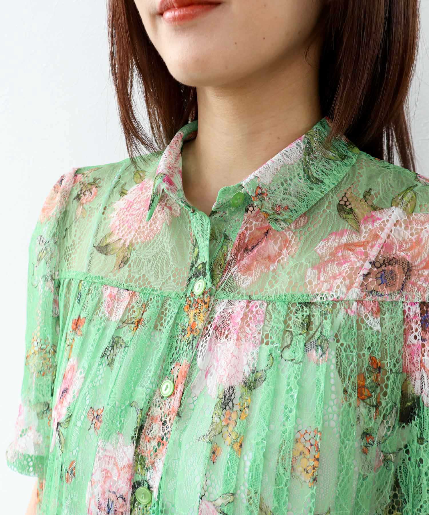 〔お家で試着〕ボカシフラワーレースプリーツブラウス