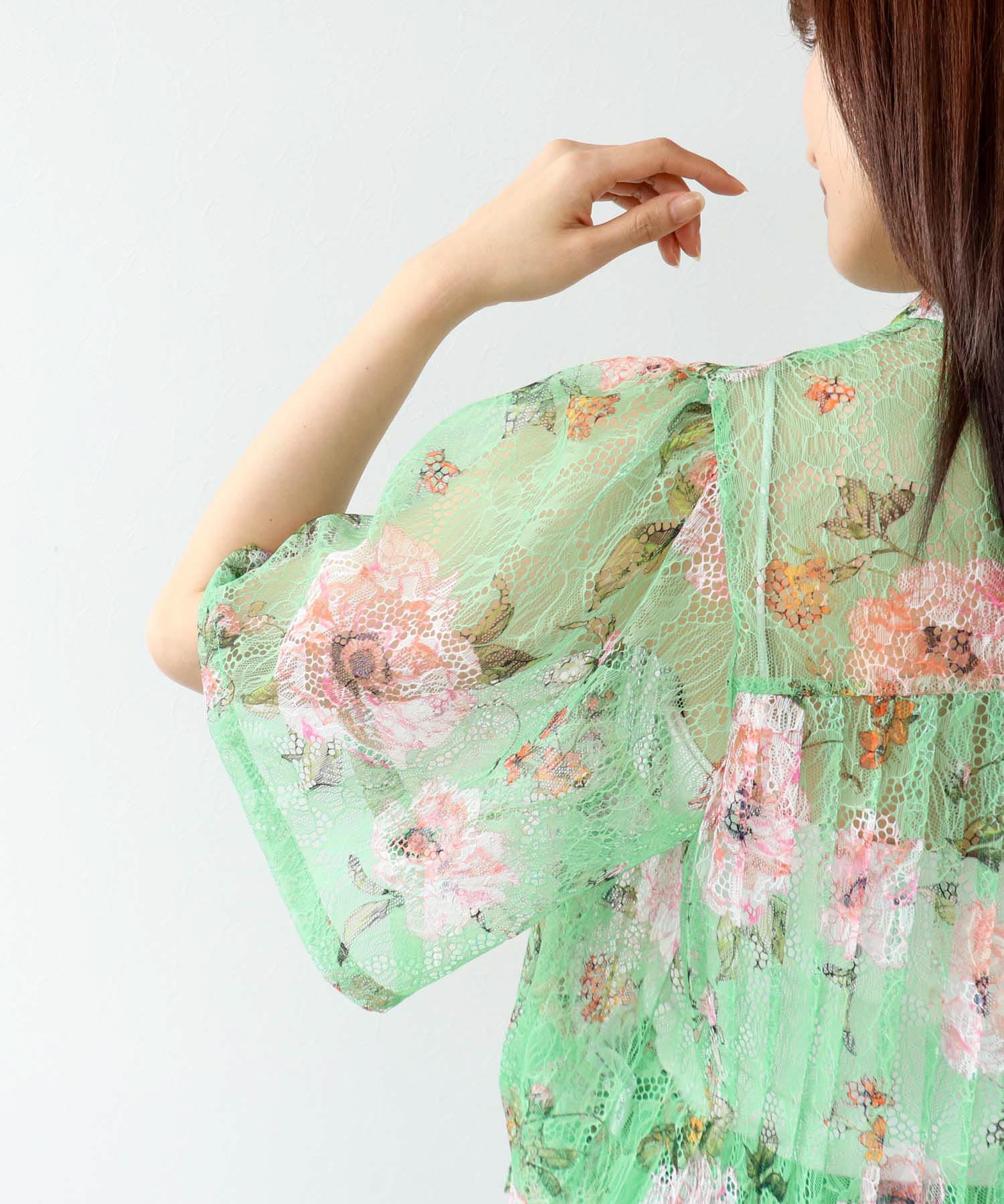 〔お家で試着〕ボカシフラワーレースプリーツブラウス