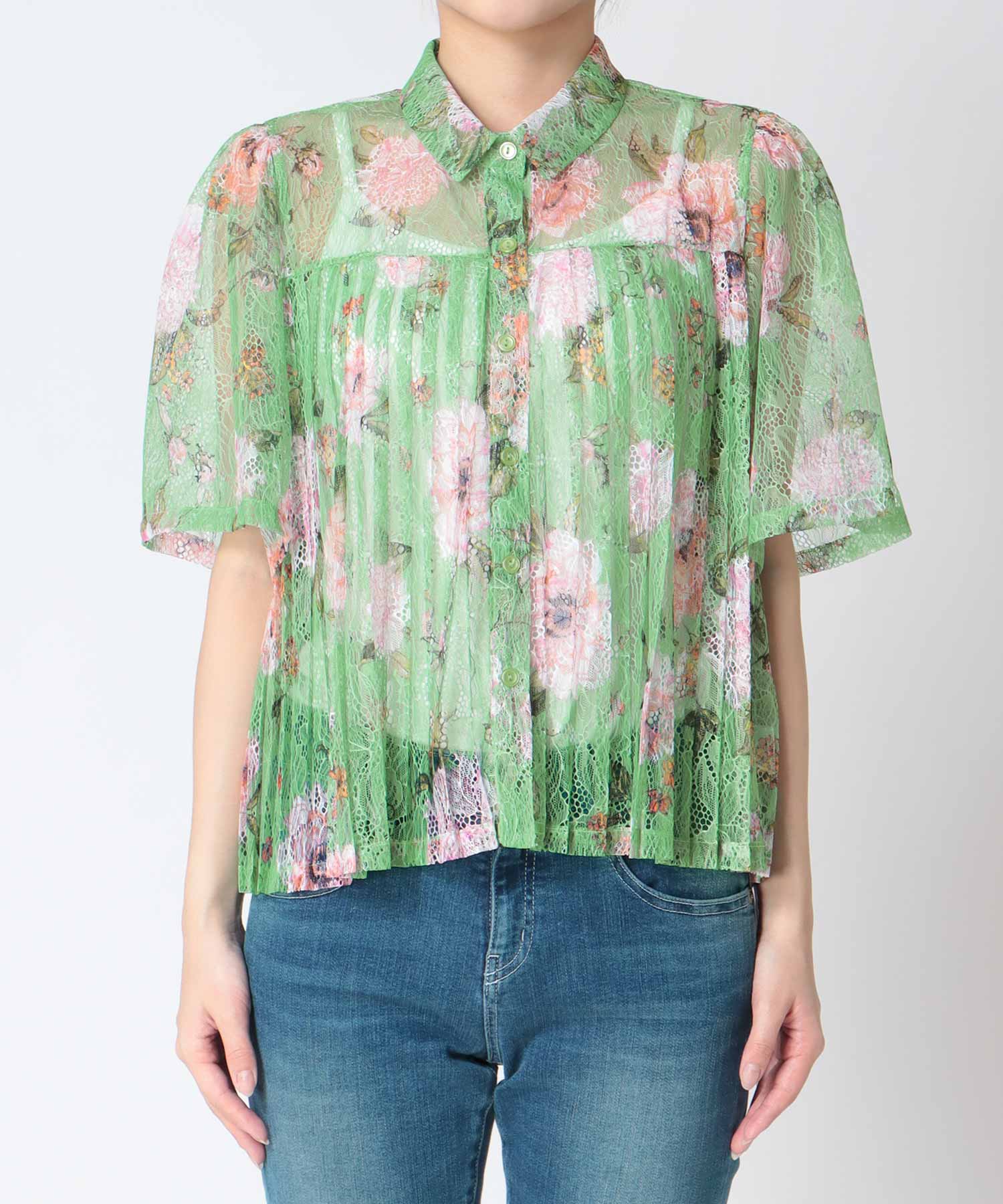 〔お家で試着〕ボカシフラワーレースプリーツブラウス