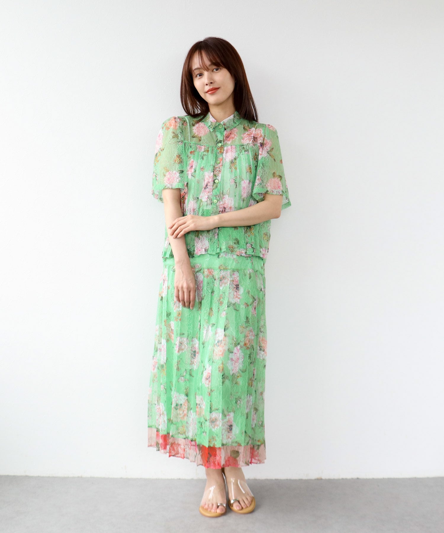 〔お家で試着〕ボカシフラワーレースプリーツスカート