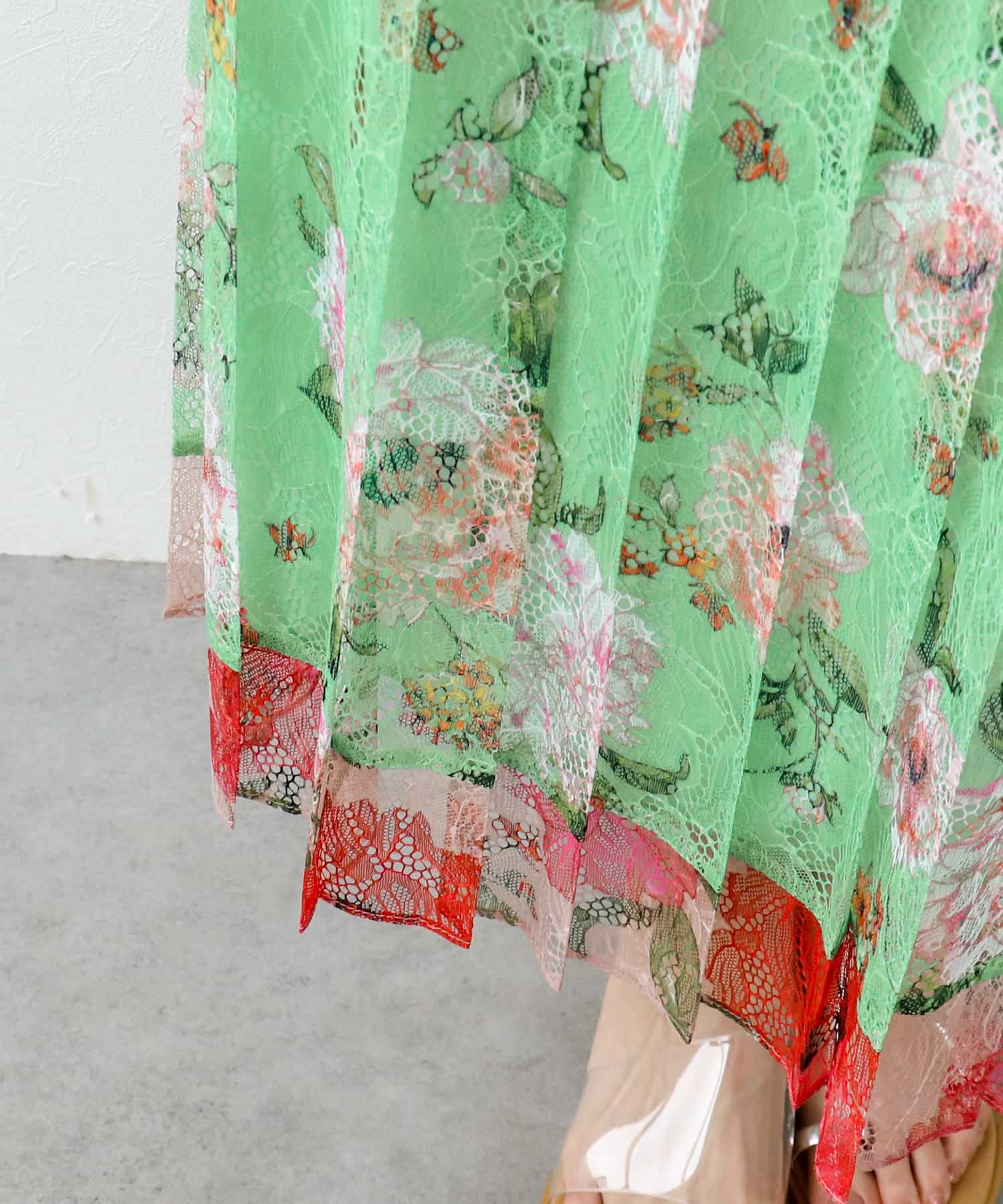 〔お家で試着〕ボカシフラワーレースプリーツスカート