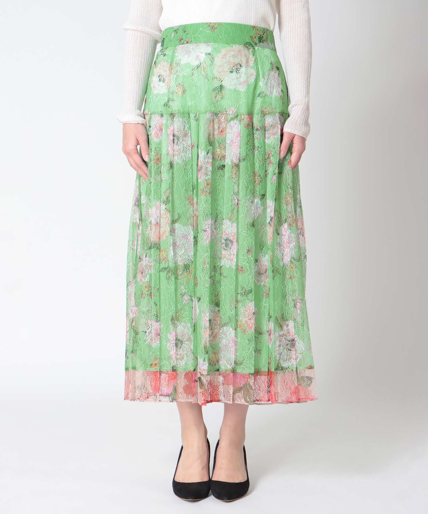 〔お家で試着〕ボカシフラワーレースプリーツスカート