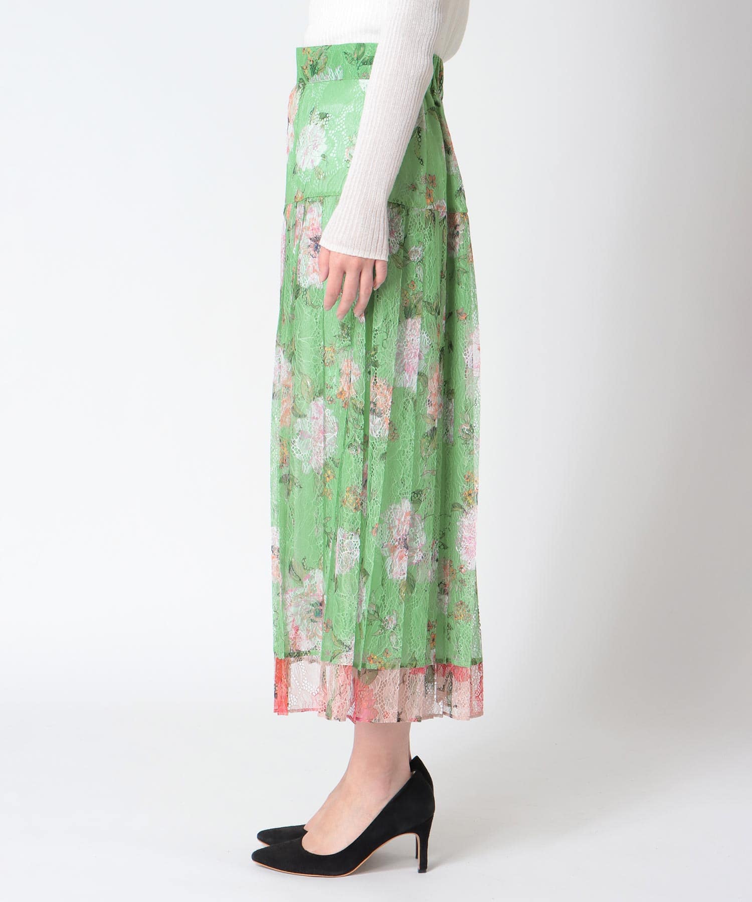 〔お家で試着〕ボカシフラワーレースプリーツスカート