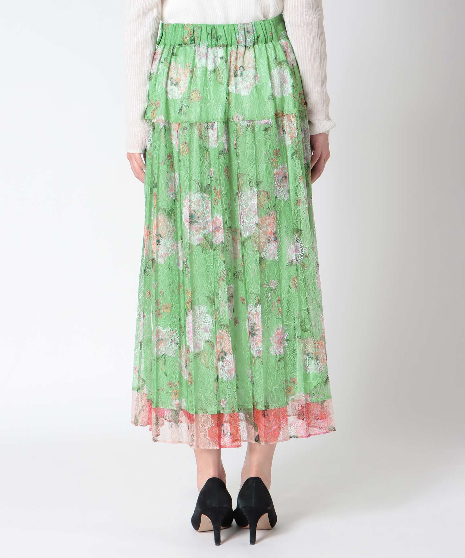 〔お家で試着〕ボカシフラワーレースプリーツスカート