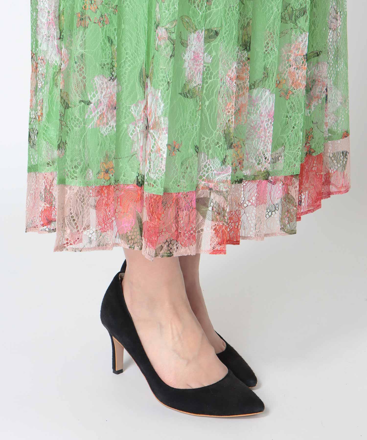 〔お家で試着〕ボカシフラワーレースプリーツスカート