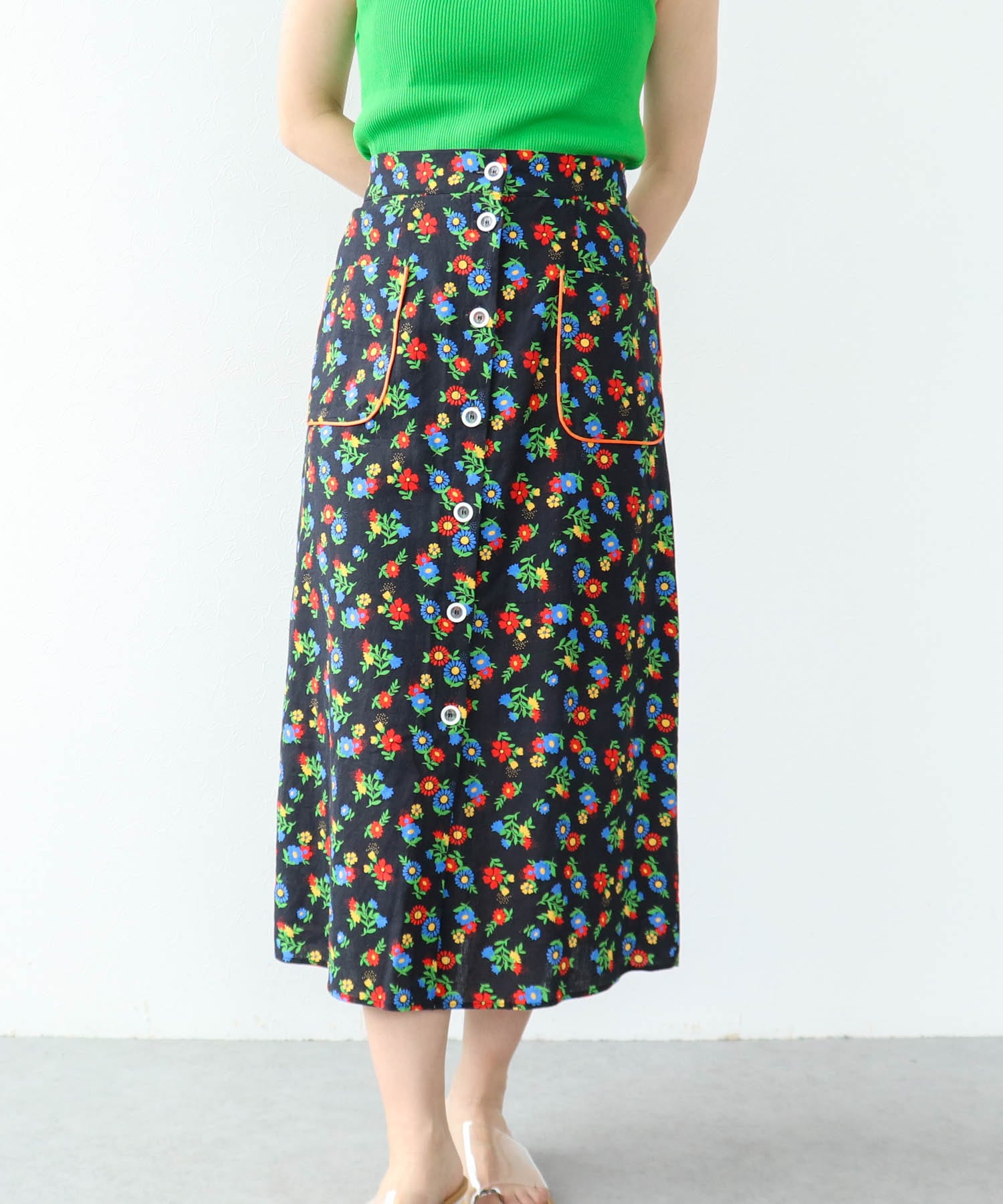 ≪4/16(木)予約開始≫レトロフラワー柄フロントボタンスカート