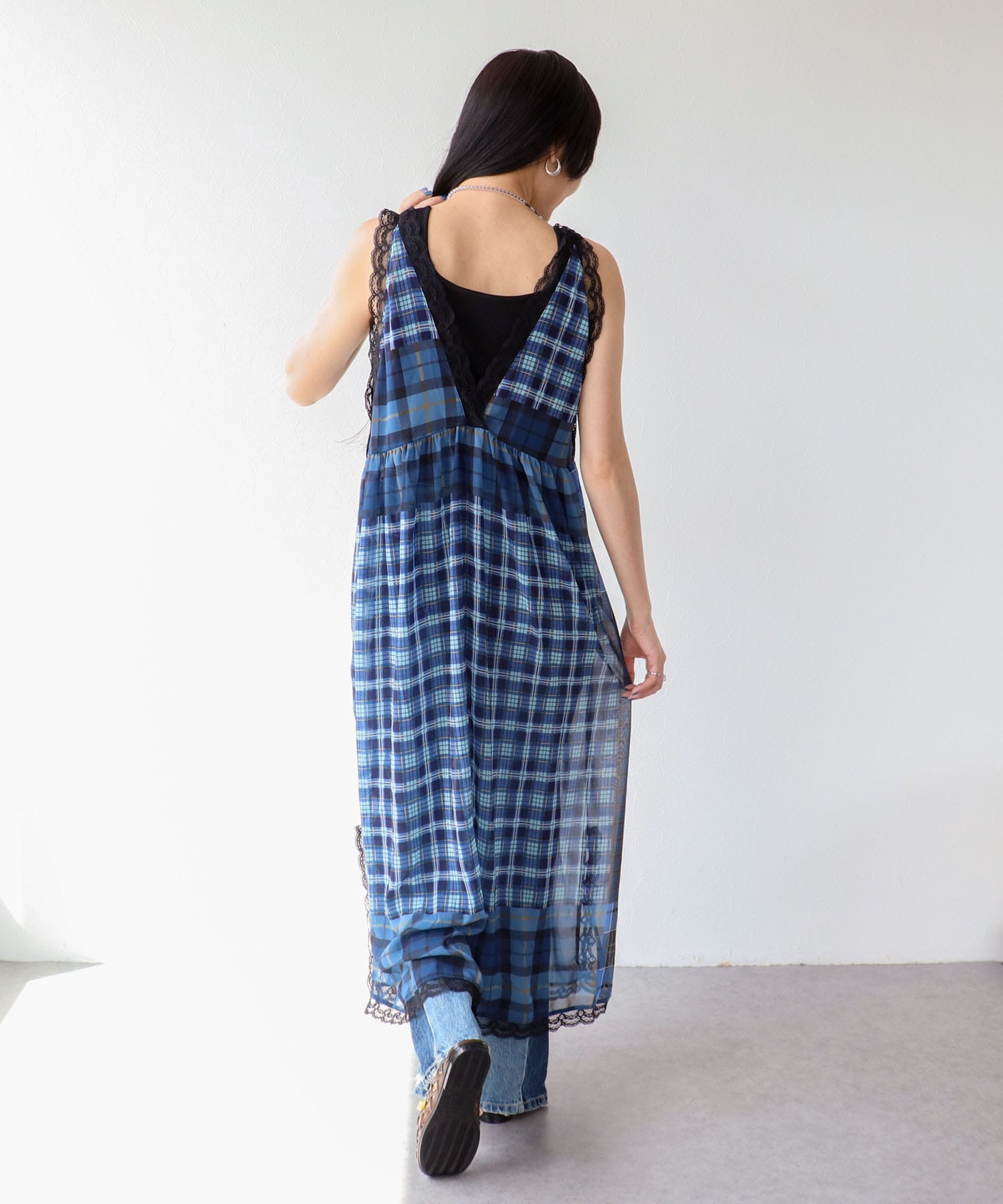 〔お家で試着〕ランダムチェック柄レイヤードワンピース